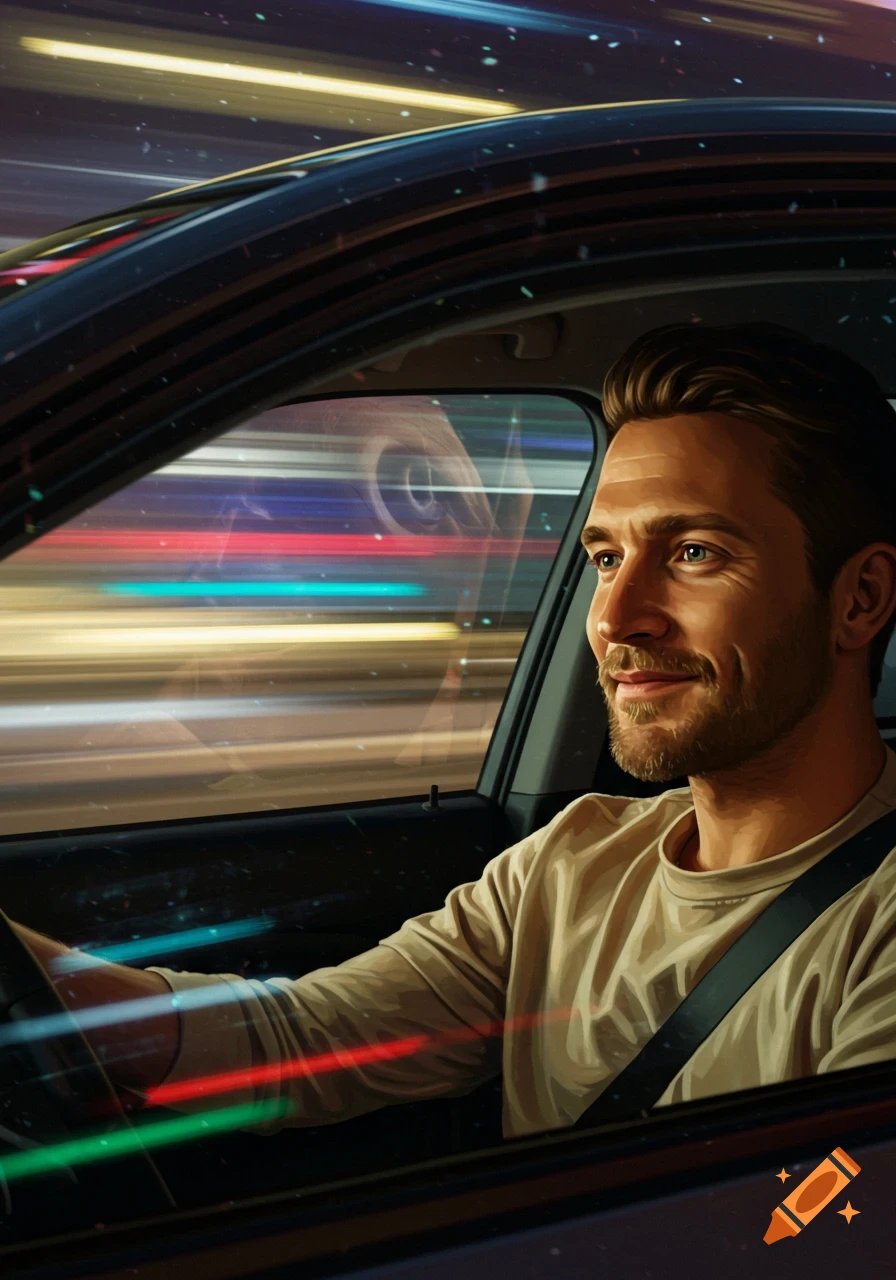 Illustrated man with a satisfied expression driving a car at night, with motion-blurred city lights in the background.