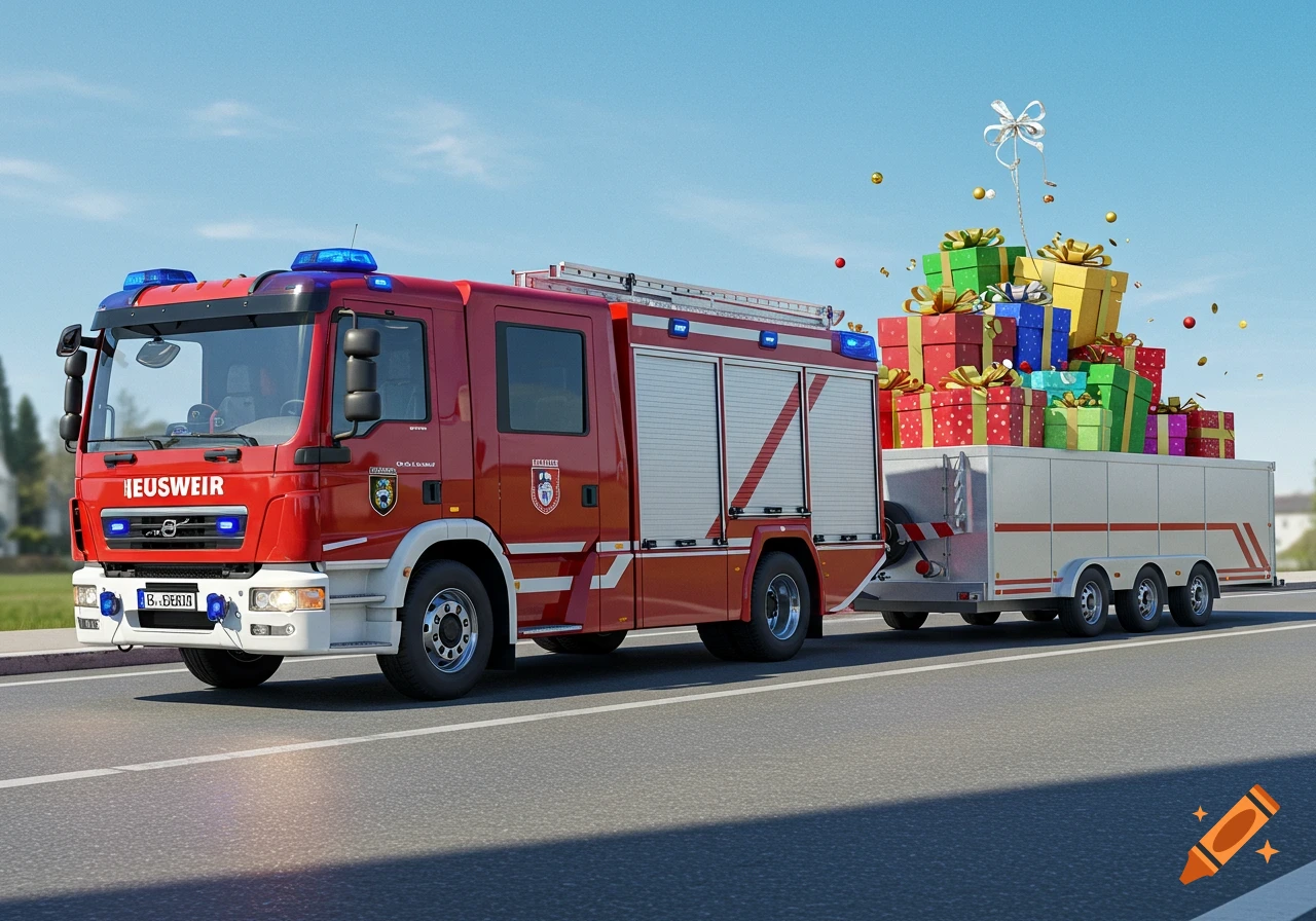 A red fire truck with blue lights pulls a white trailer overflowing with colorful wrapped gifts, driving on a sunny road.