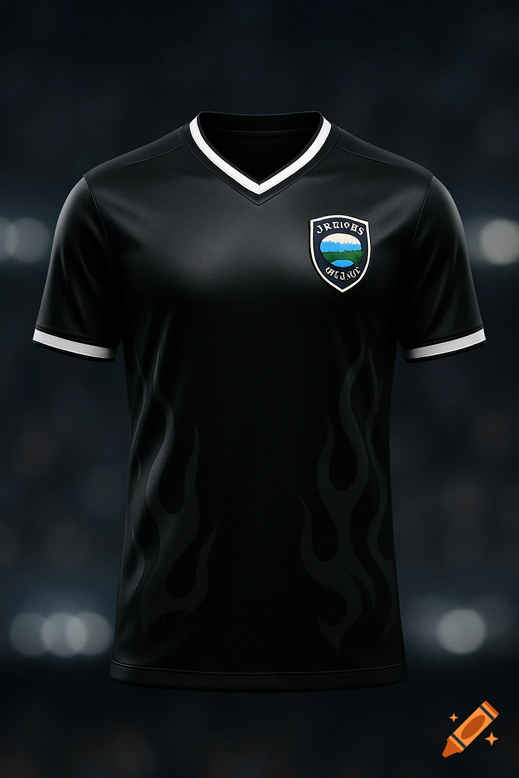 A black soccer jersey with white trim, a mountain and water crest, and subtle black flame patterns on a dark background.