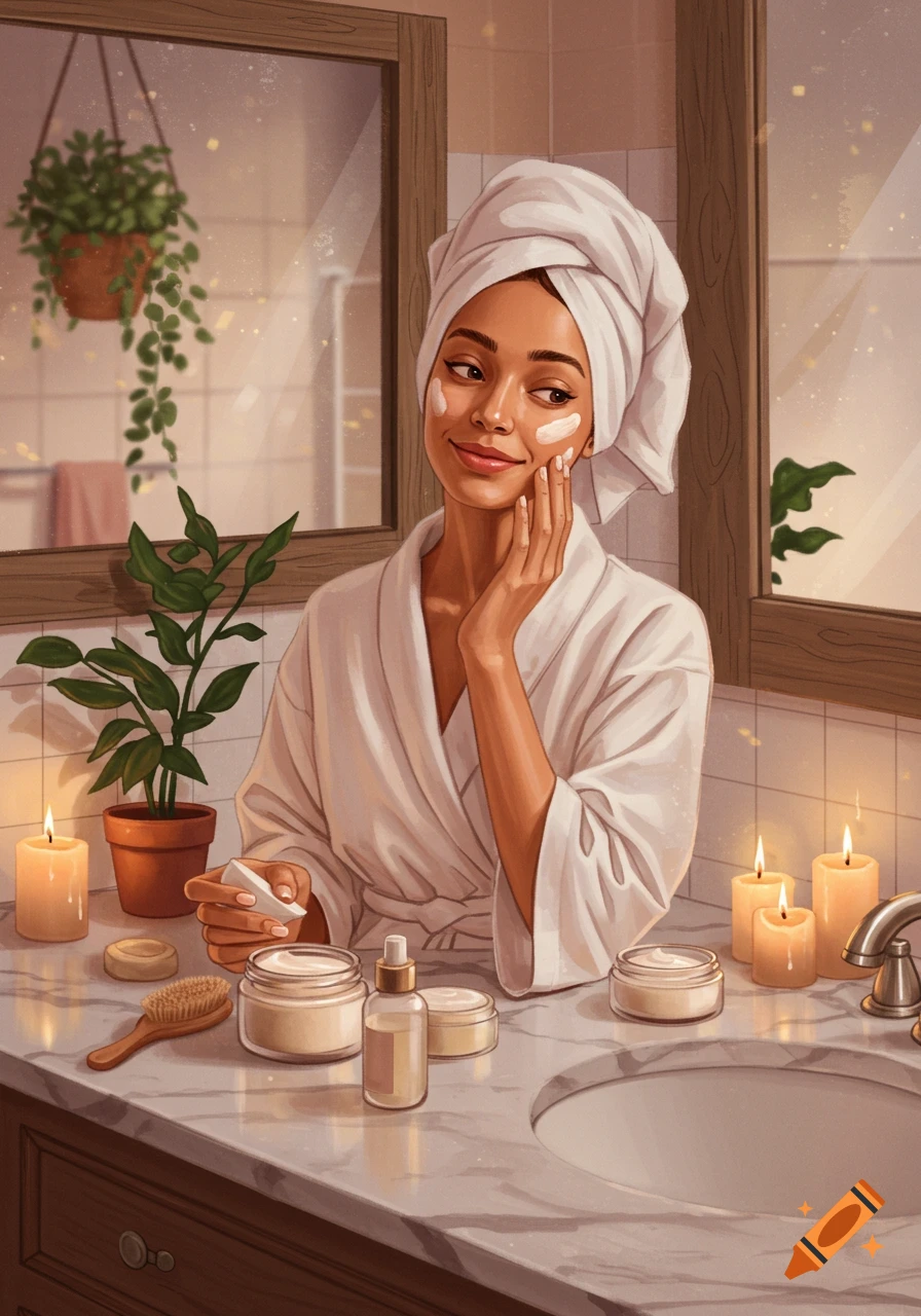 An illustration of a woman in a white robe and towel applying face cream in a warmly lit bathroom.