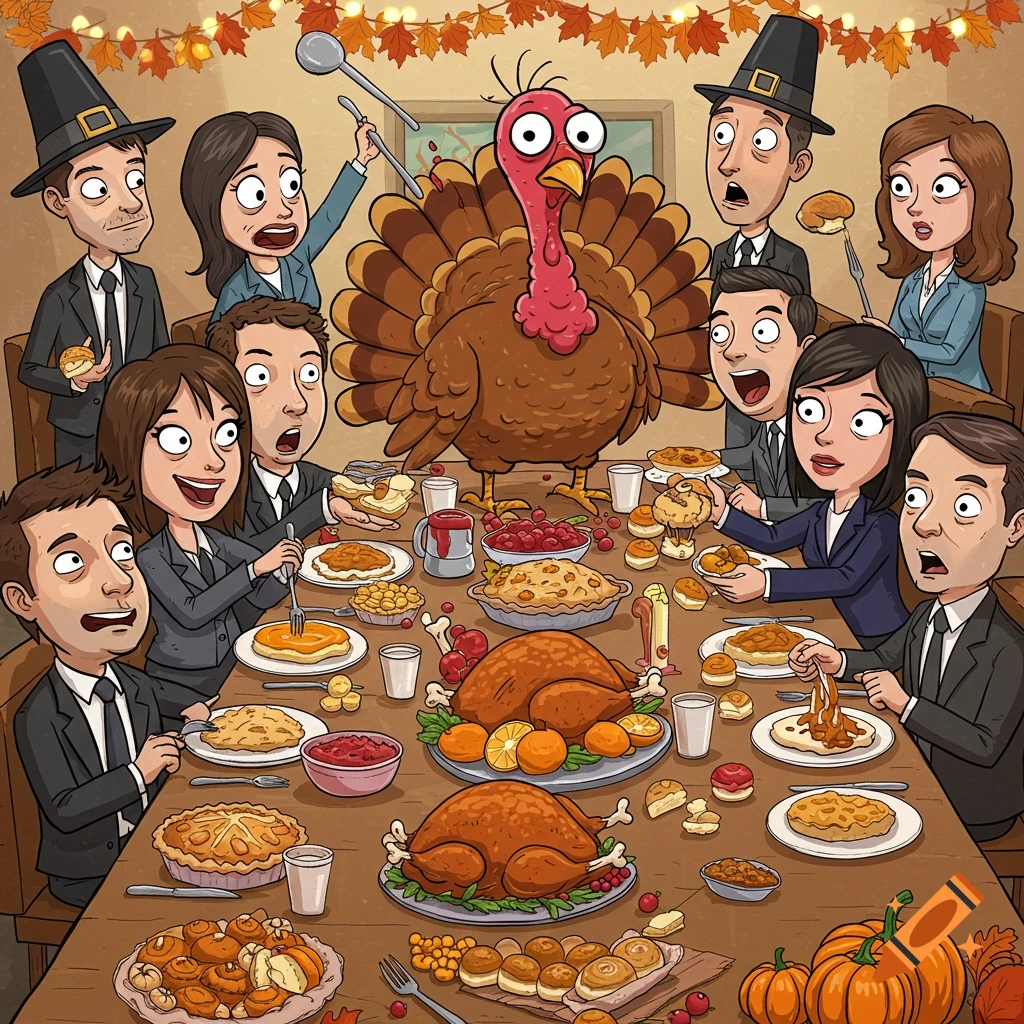 Cartoon of surprised coworkers at a Thanksgiving table with a live turkey among the food, one woman holding a ladle.