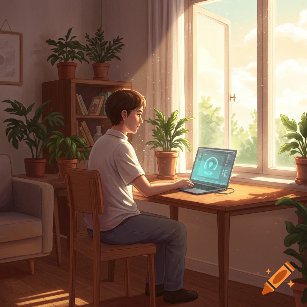 An illustration of a person working on a laptop at a sunlit desk in a cozy room filled with potted plants.