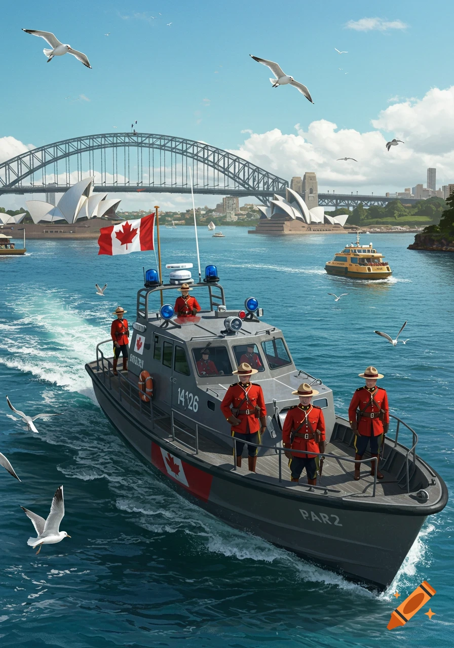 A Canadian Mountie patrol boat with Mounties on board sails through Sydney Harbour, with the Opera House and Harbour Bridge in the background.