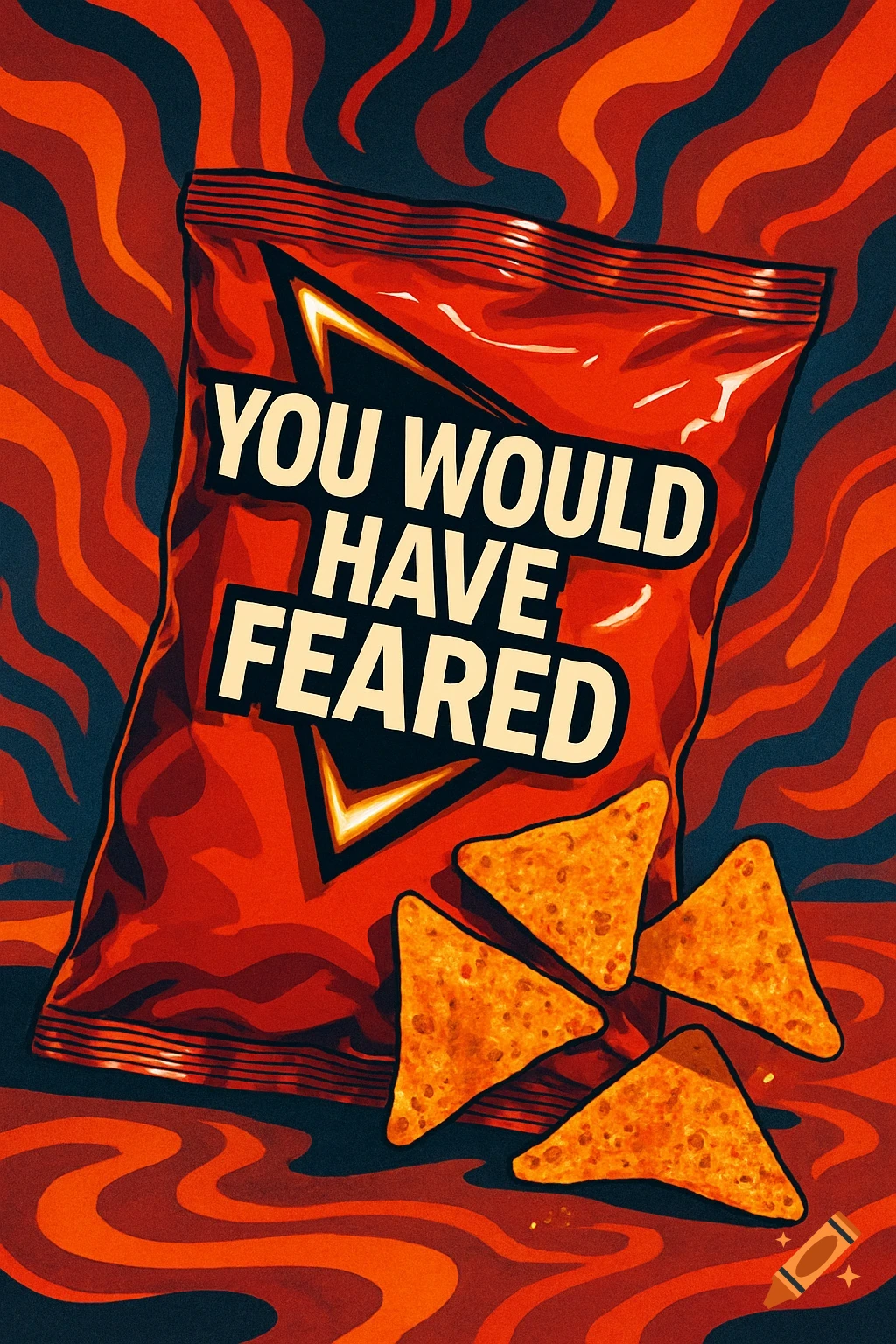 Graphic art of a red Doritos bag with 'YOU WOULD HAVE FEARED' text and four tortilla chips on a wavy orange and blue background.