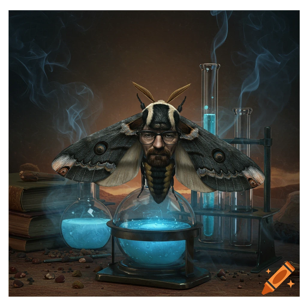 A moth with Walter White's face and beard sits amidst chemistry lab equipment with glowing blue liquids and smoke.