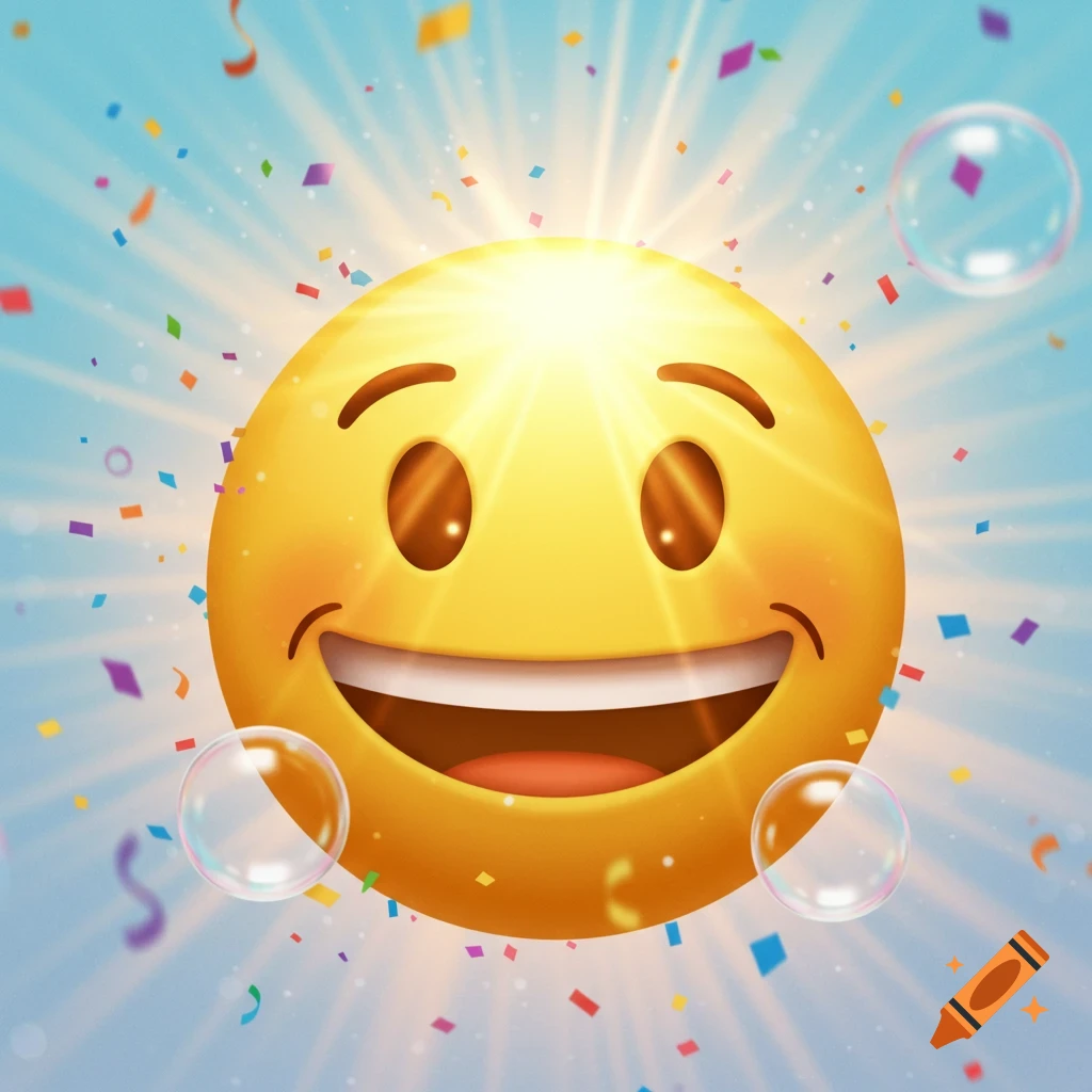 A beaming yellow emoji face with a wide smile, surrounded by falling colorful confetti, ribbons, and bubbles against a bright blue sky.