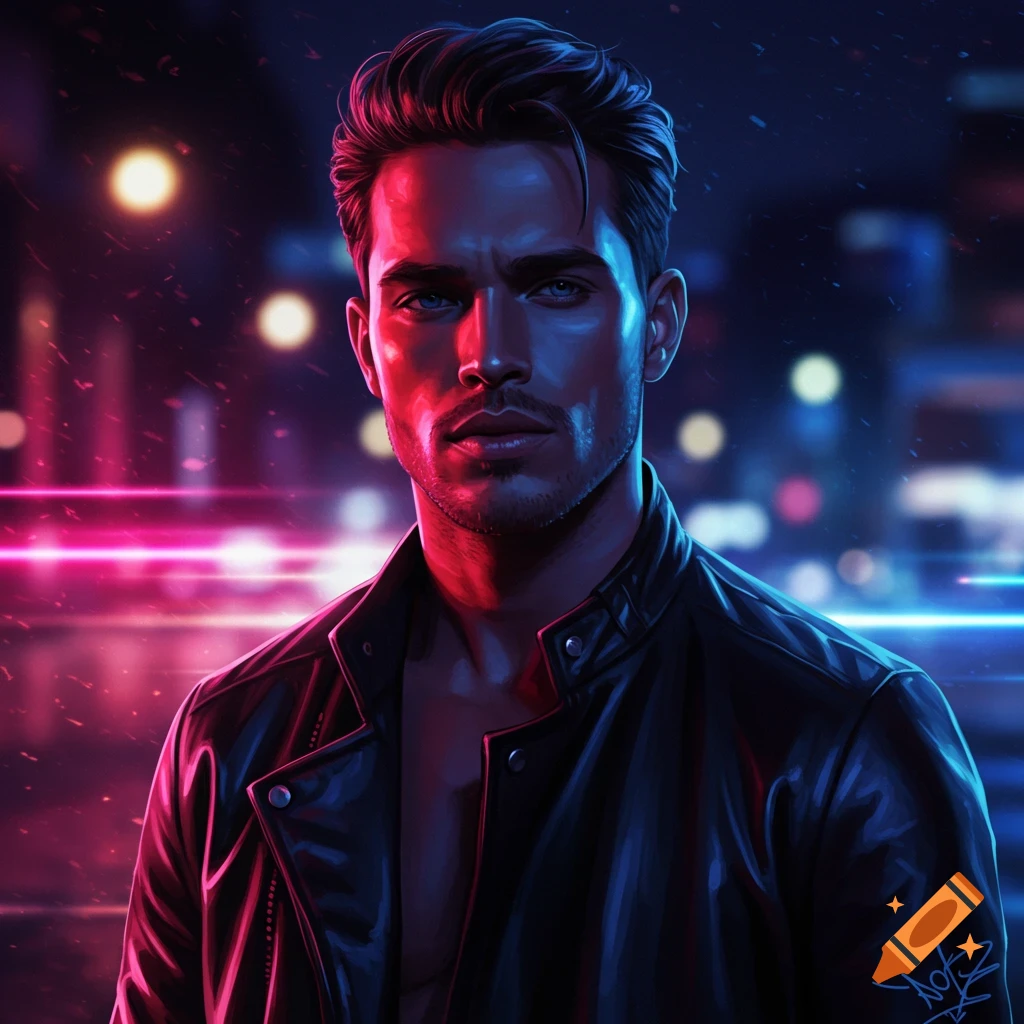 Stylized portrait of a man in a leather jacket, illuminated by vibrant red and blue neon city lights.