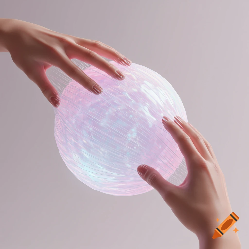 Two hands gently stretch a glowing, iridescent, translucent sphere in an ethereal setting.
