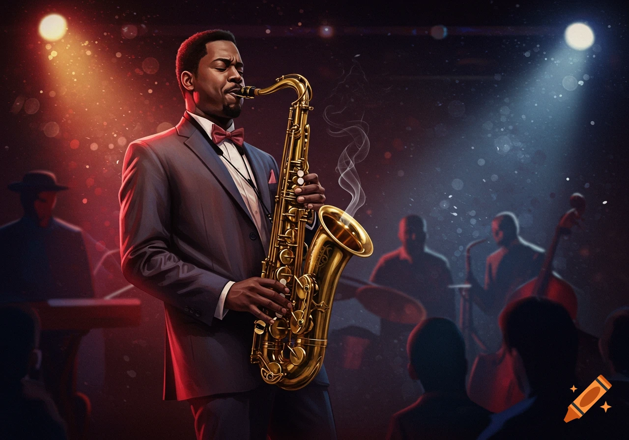 A man in a suit plays a saxophone on a dimly lit stage with a jazz band, illuminated by spotlights.