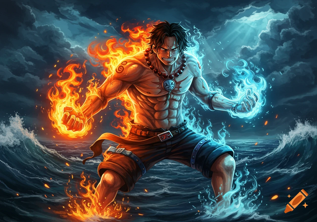 A male anime character with black hair and a determined expression stands in rough seas, engulfed in orange flames on his right and blue ice on his left.