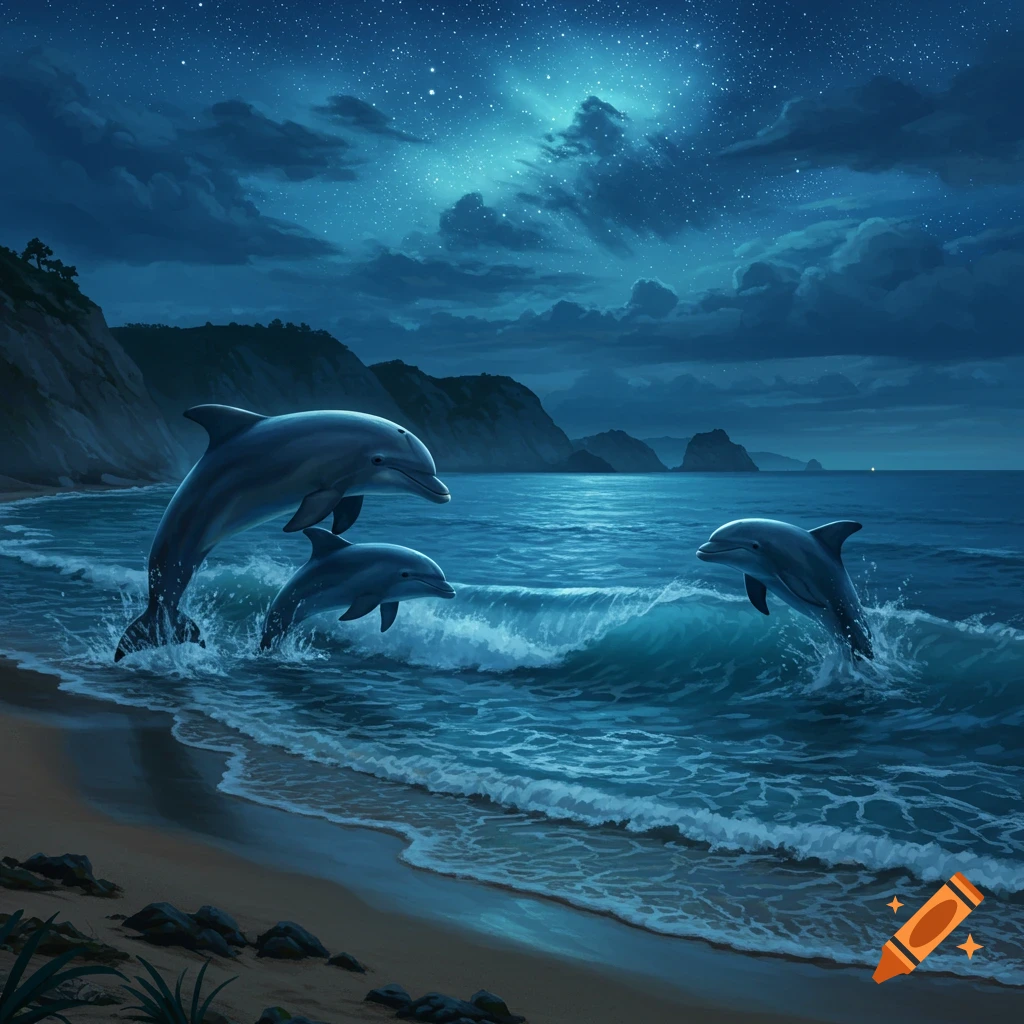 Three dolphins leap out of tranquil ocean waves on a sandy beach, with rocky cliffs in the background under a dark, starry night sky.