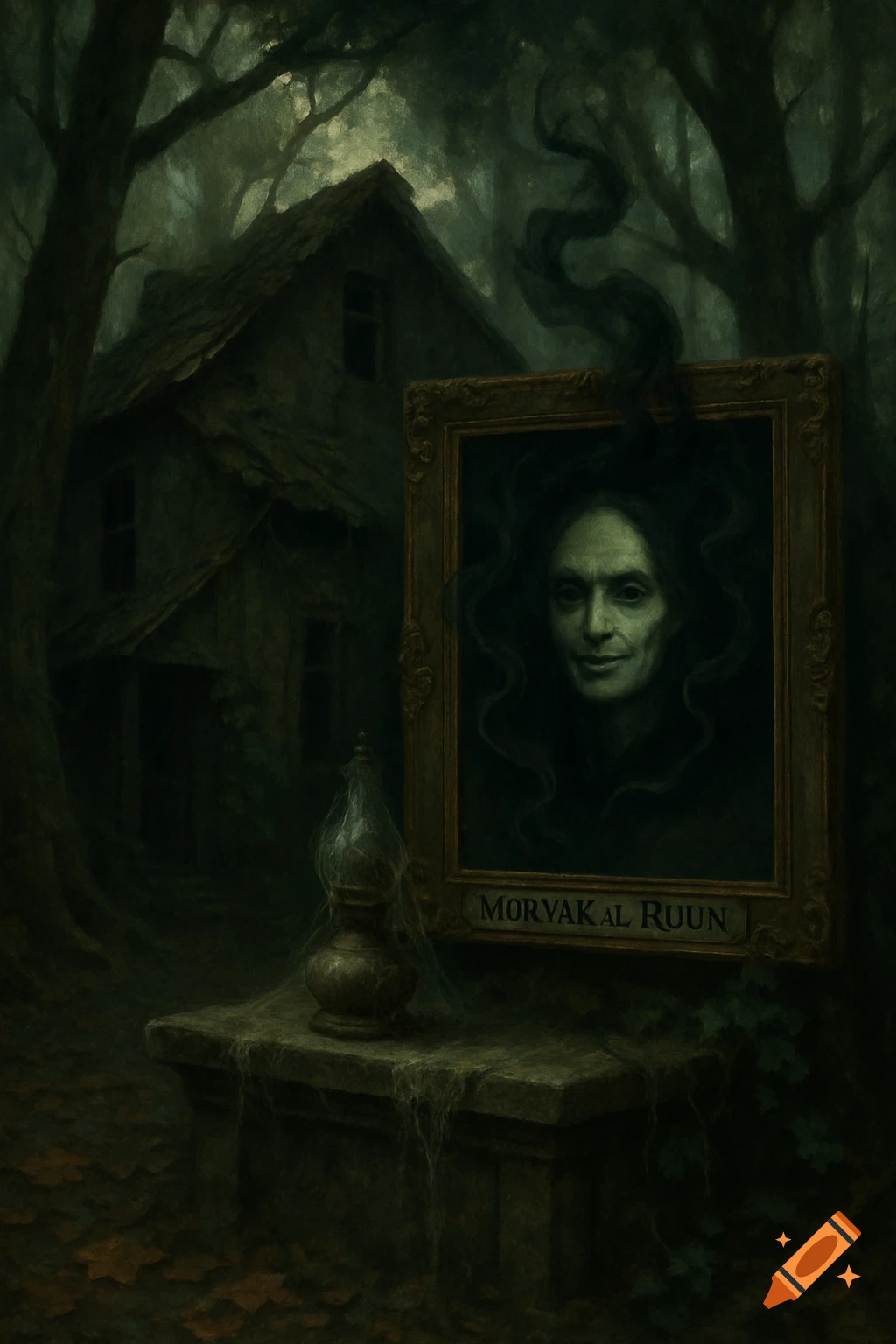 A dark, gothic painting depicts a spooky old house in a forest, an ornate lamp on a stone altar, and a haunting portrait of a man with glowing eyes, titled "MORVAK AL RUUN".