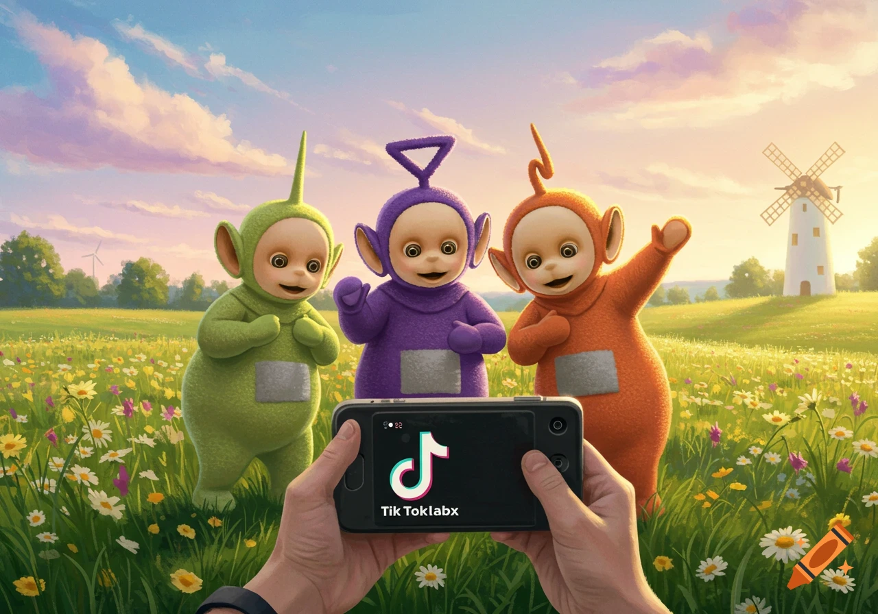Three Teletubbies pose in a vibrant flowery field as hands hold a phone displaying a TikTok logo and garbled text.