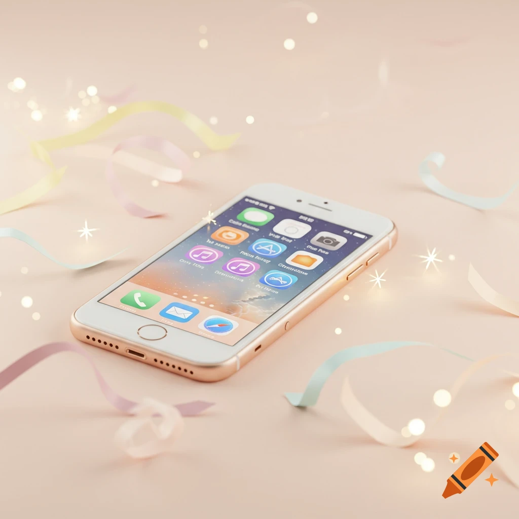 A rose gold iPhone lies on a light pink surface surrounded by pastel streamers and sparkling bokeh lights.