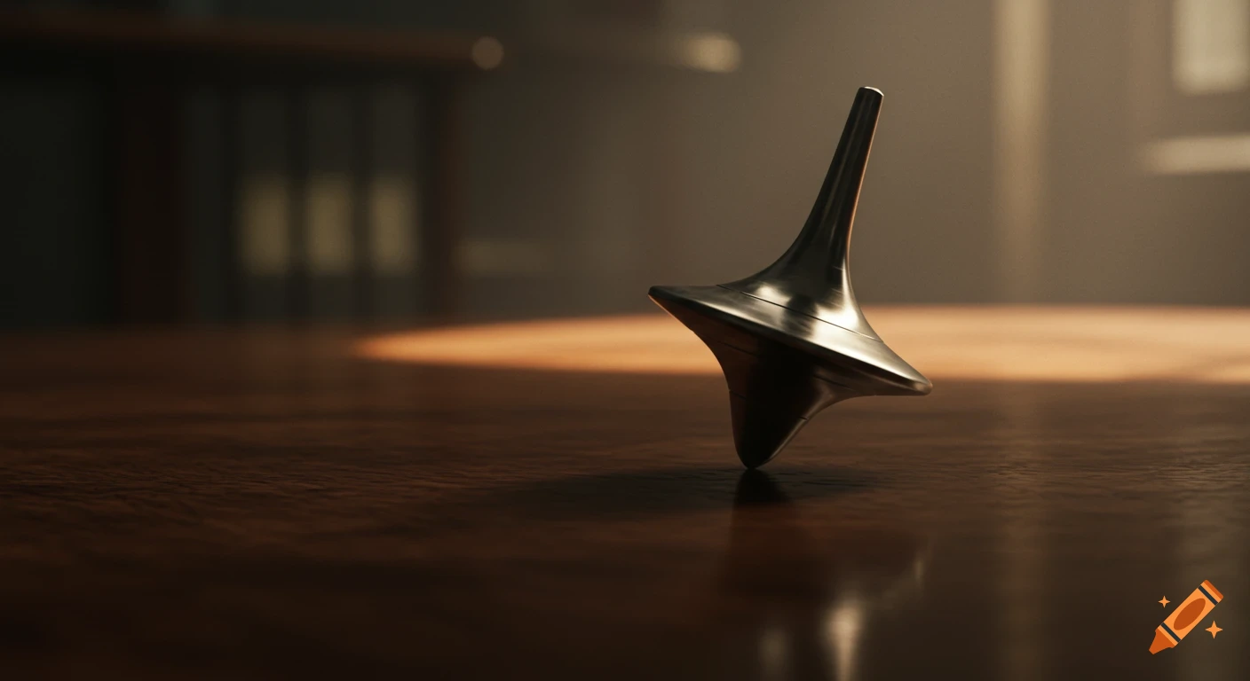A photorealistic metallic spinning top from Inception stands on a dark wooden table with soft, cinematic lighting and a blurred background.