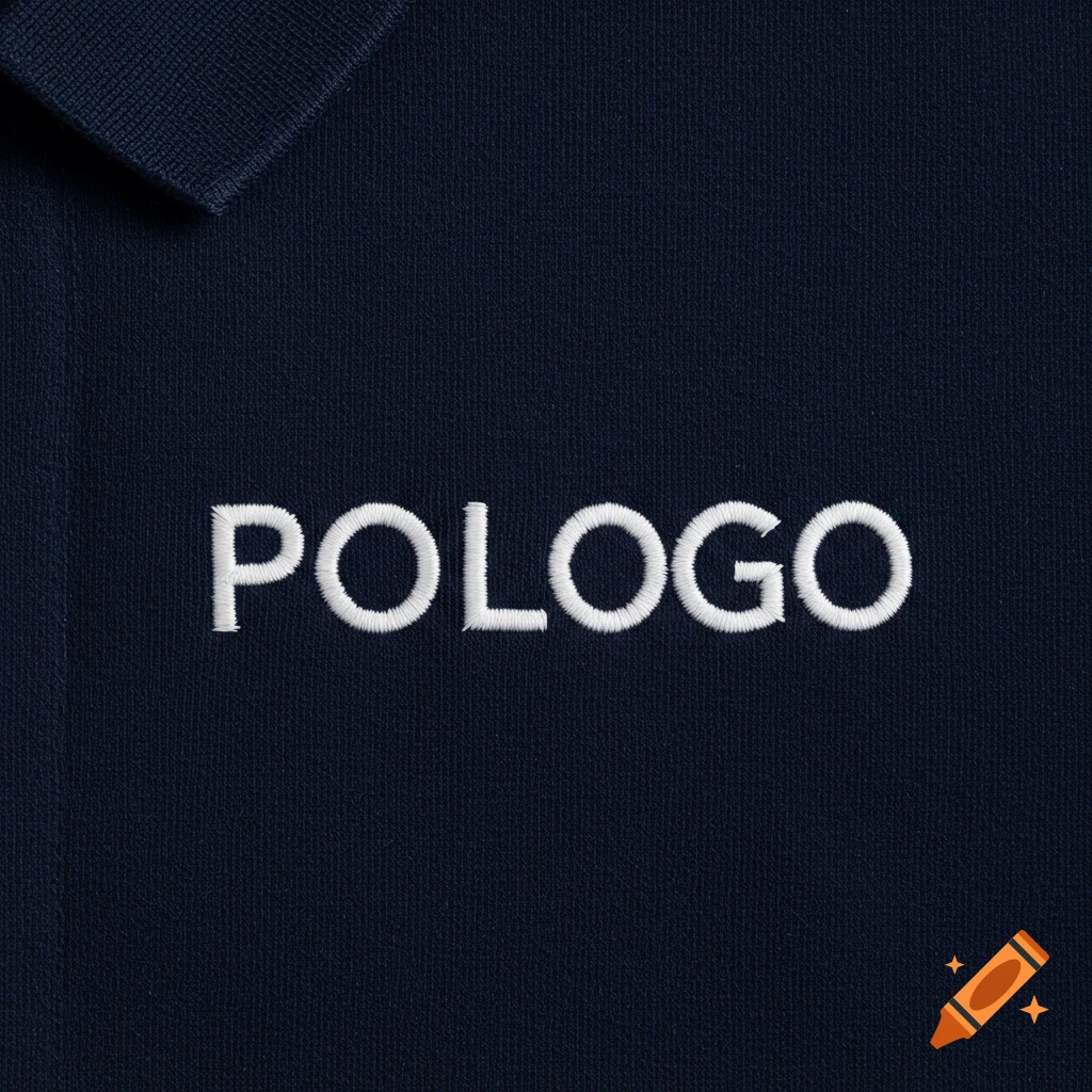 Close-up of a navy blue polo shirt with 'POLOGO' embroidered in white on the chest.