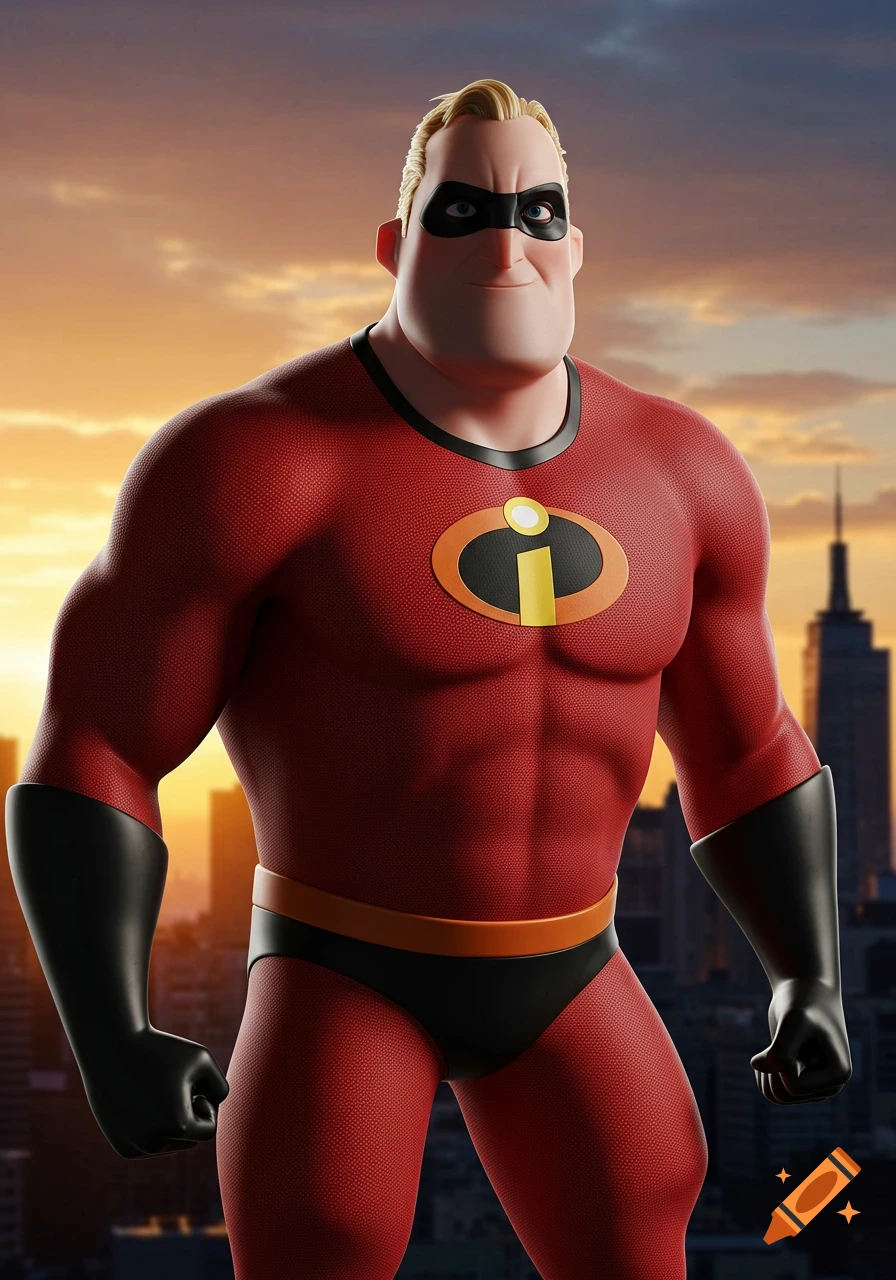 Hyper-realistic Mr. Incredible in his red superhero suit with the 'i' logo, standing against a sunset city skyline.