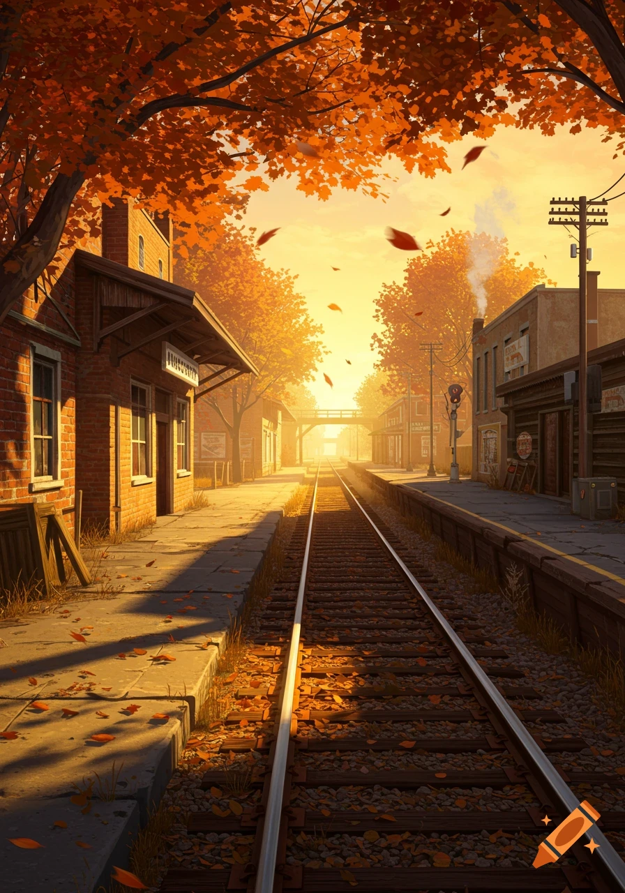 An autumn sunset illuminates a train station in a quaint town, with fallen leaves on the tracks and platform.