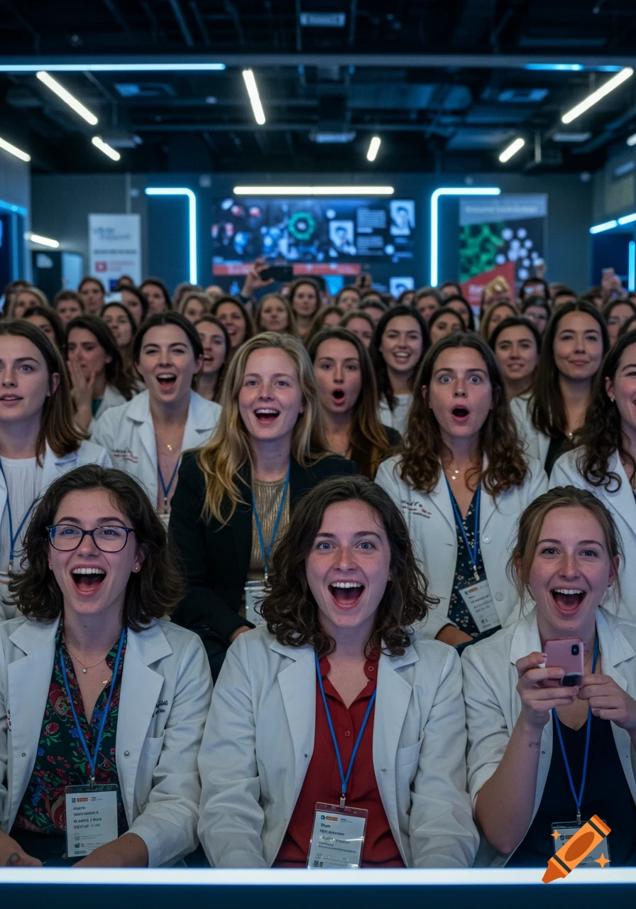 A large group of excited women scientists and interns in lab coats at a futuristic science convention, reacting with open mouths and smiles.