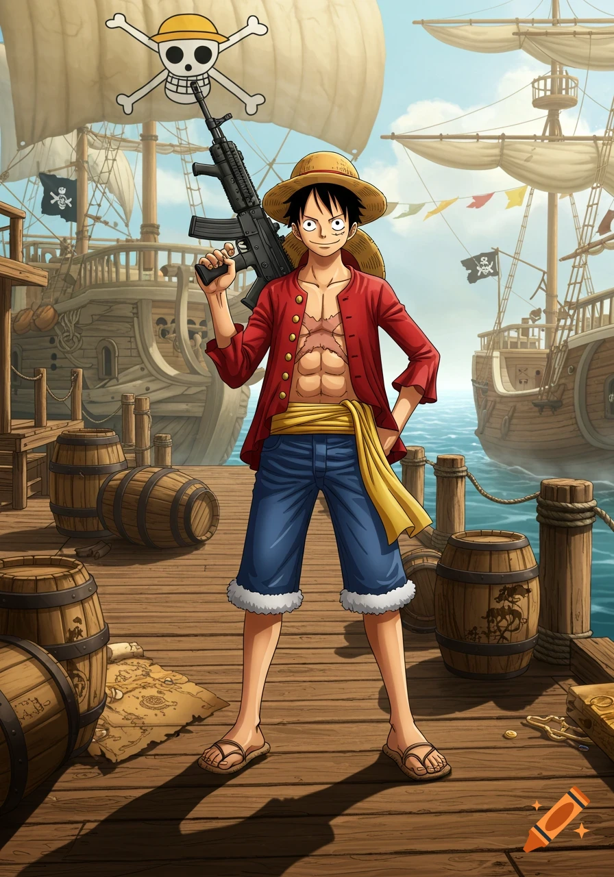 Monkey D. Luffy stands on a wooden dock holding an assault rifle, with pirate ships and barrels in the background, in an anime style.