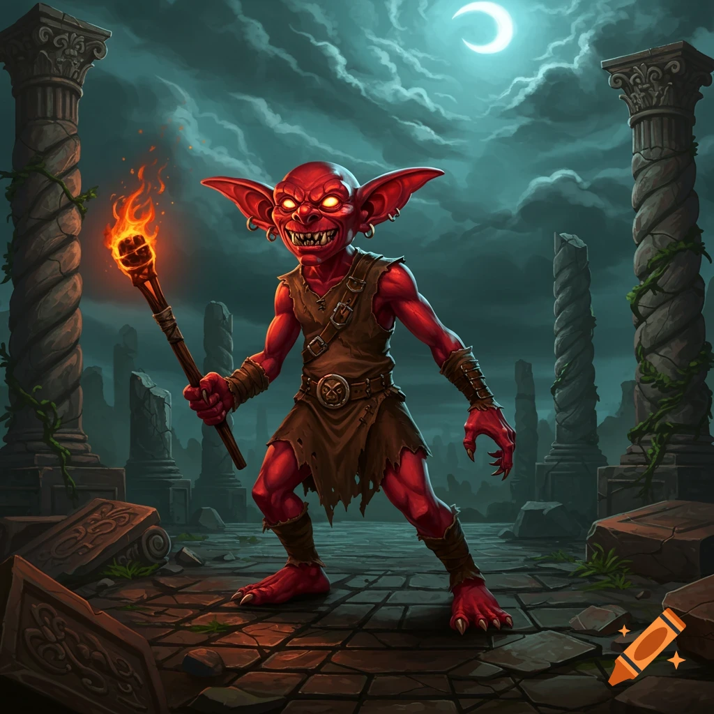 A menacing red goblin with glowing eyes, sharp teeth, and claws holds a fiery torch amidst ancient stone ruins under a crescent moon in a dark fantasy style.