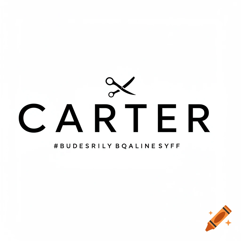 A black minimalist logo for CARTER barbershop featuring the word CARTER, a scissors icon, and a hashtag on a white background.