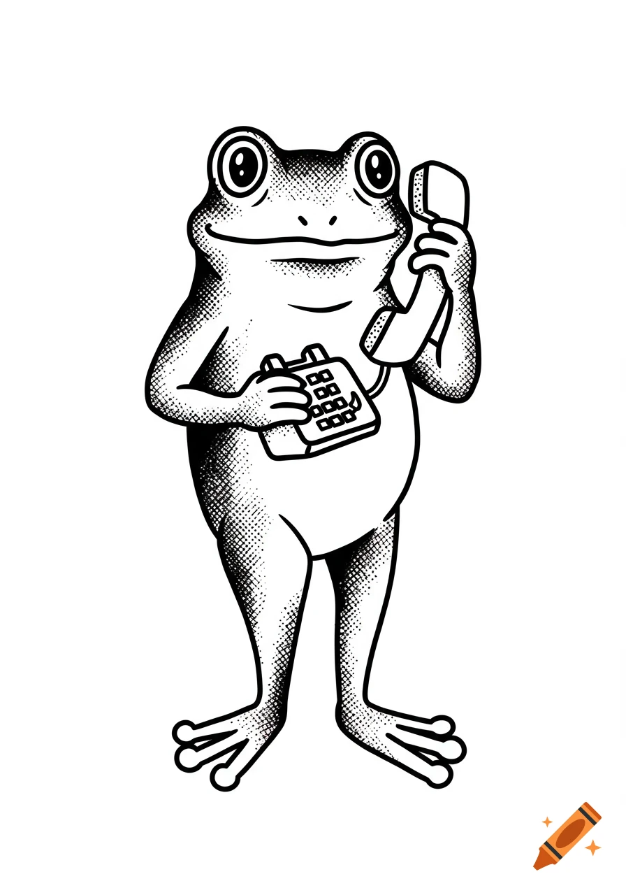 A black and white traditional tattoo style drawing of a frog standing, holding an 80s telephone.