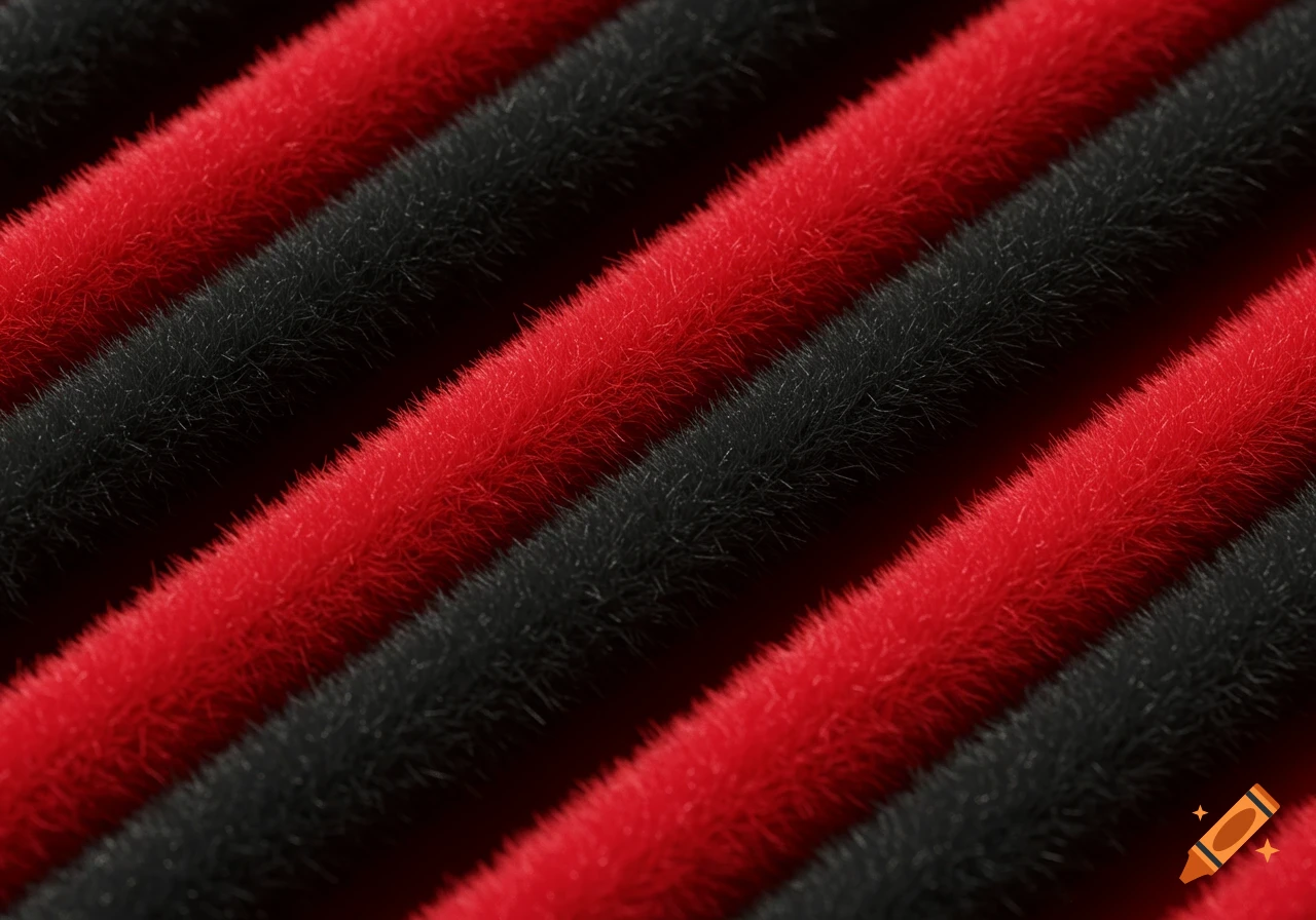 Close-up of fluffy diagonal stripes in alternating red and black colors.