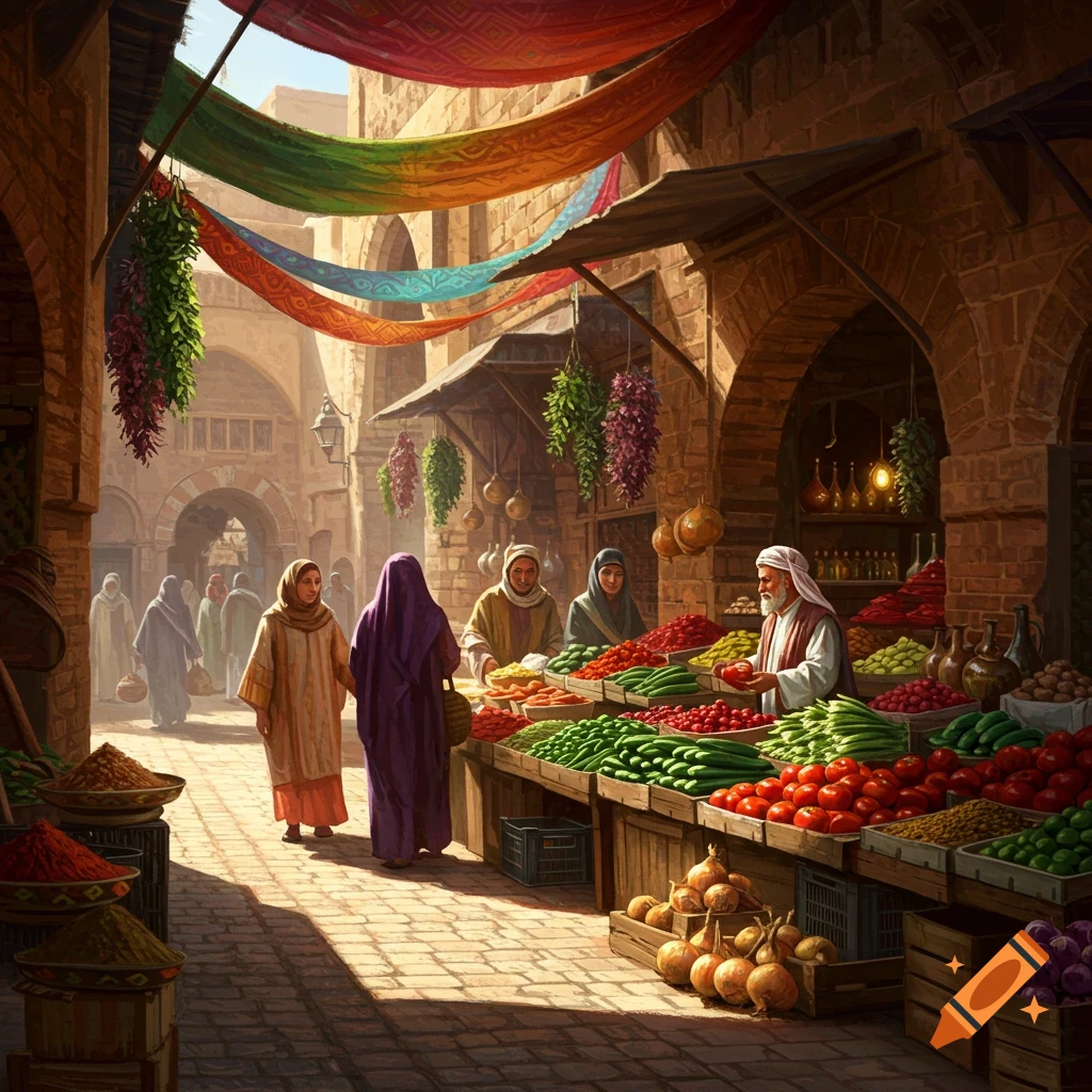 A bustling Middle Eastern marketplace with vendors selling colorful fresh produce and spices under vibrant hanging fabrics.
