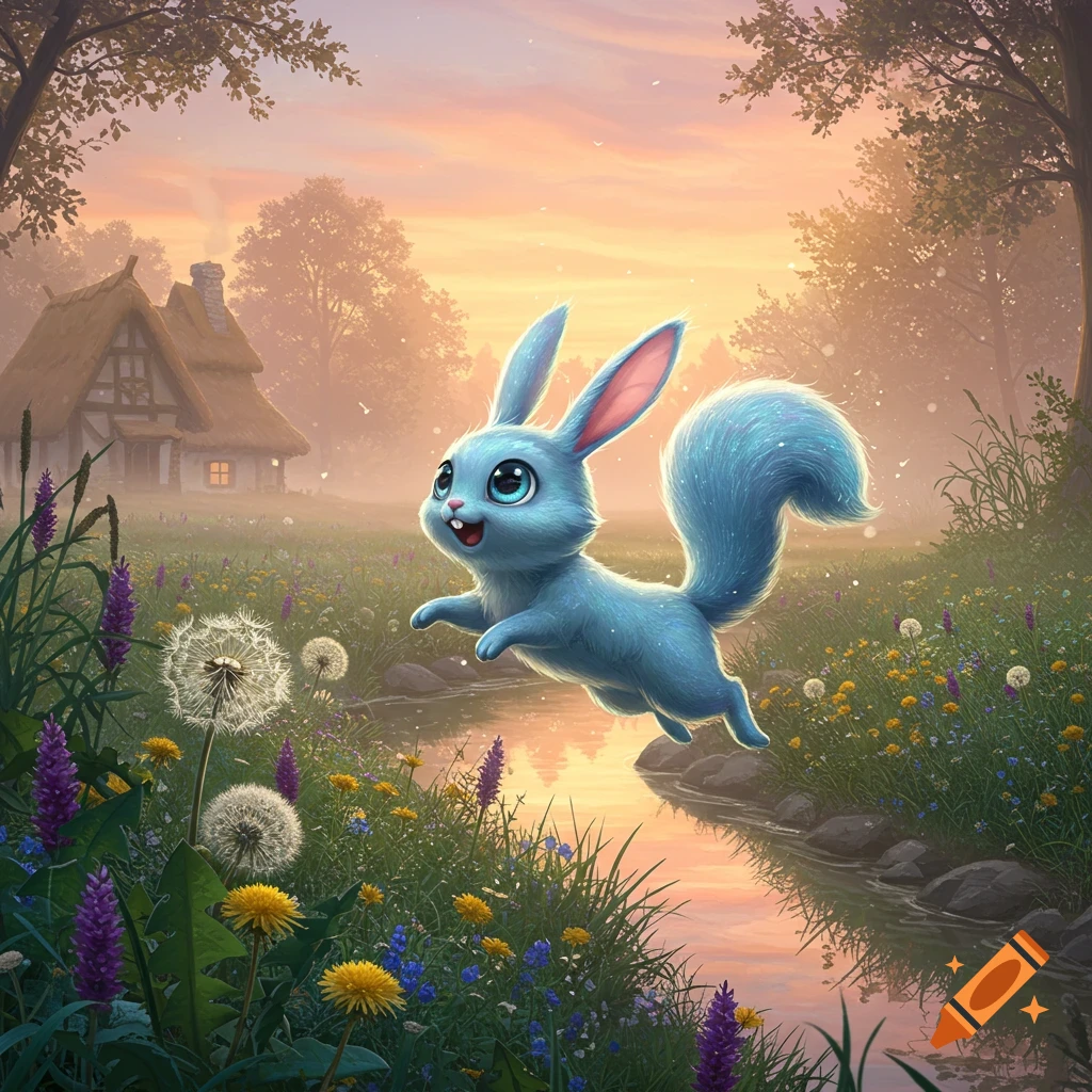 A cute, fluffy blue creature with big eyes jumps over a stream in a whimsical, flower-filled meadow at sunset, with a cottage in the background.