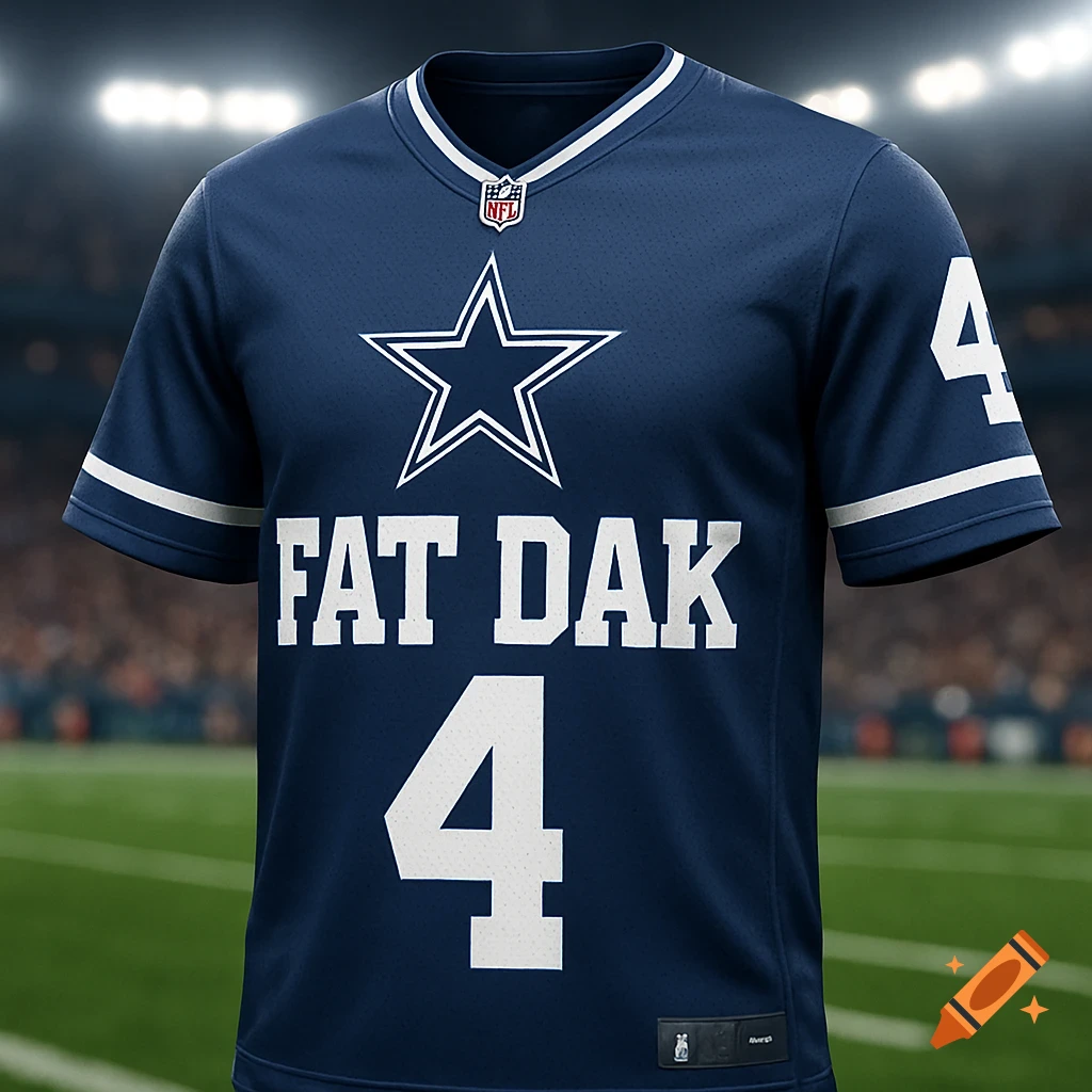 A dark blue Dallas Cowboys football jersey with a white star logo, 'FAT DAK' in white letters, and the number '4' on the front, against a blurred stadium background.