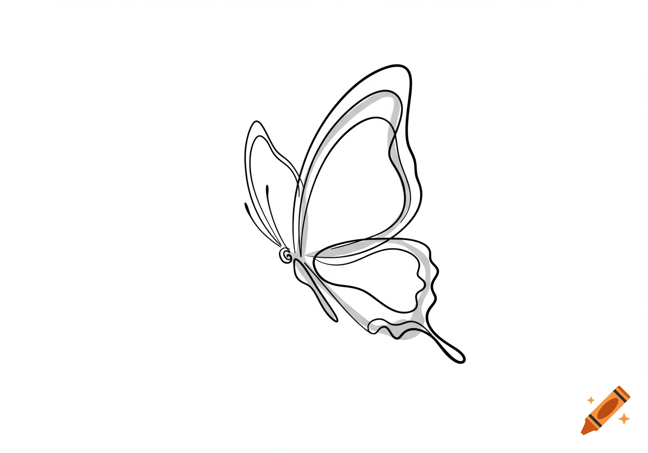 A minimalist contour line art drawing of a butterfly with its wings partially open, on a white background.