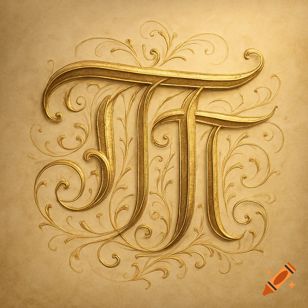 Ornate golden 'TT' initials with swirling filigree on a parchment-colored background.
