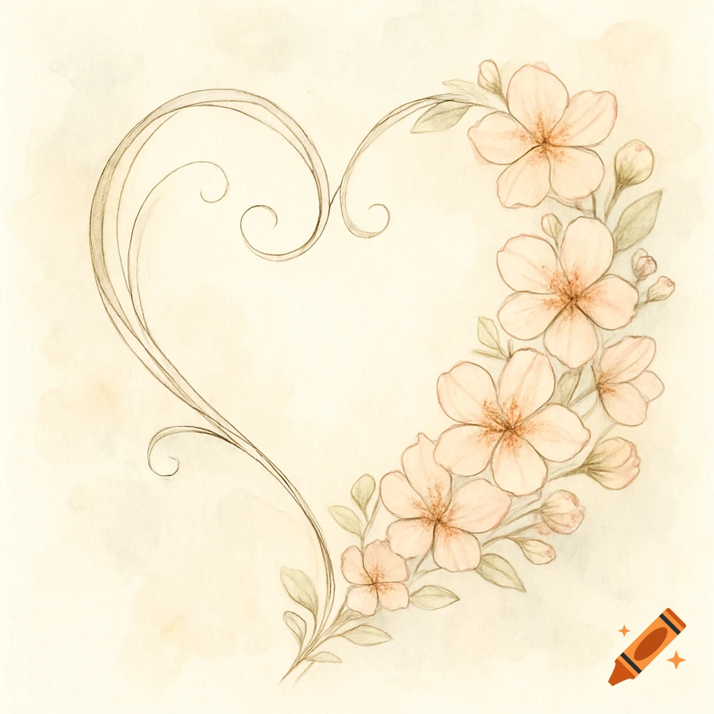 A delicate watercolor-style drawing of a heart outline, adorned with light pink flowers and green leaves on a textured, light beige background.