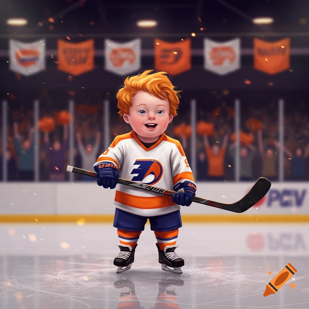 A smiling, red-haired toddler in a white and orange hockey jersey with a stick stands on an ice rink, with a cheering crowd and banners in the background.