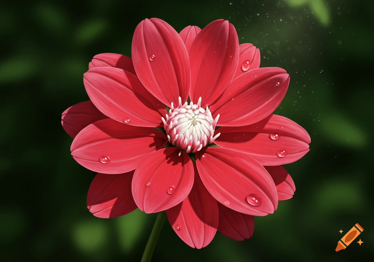 A vibrant red flower with a white center and glistening water droplets on its petals, against a blurred dark green background.