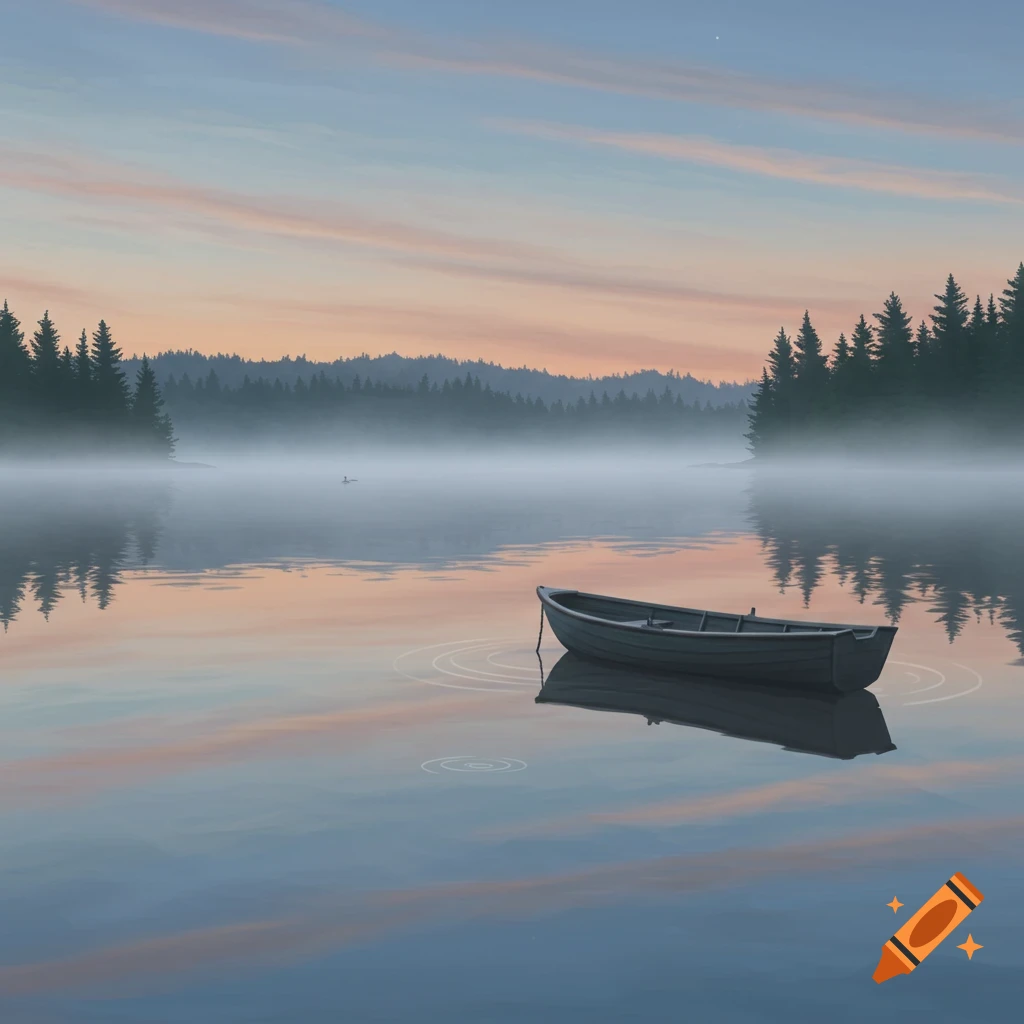 A serene rowboat floats on a misty lake at dawn, surrounded by a forest under a colorful sky.