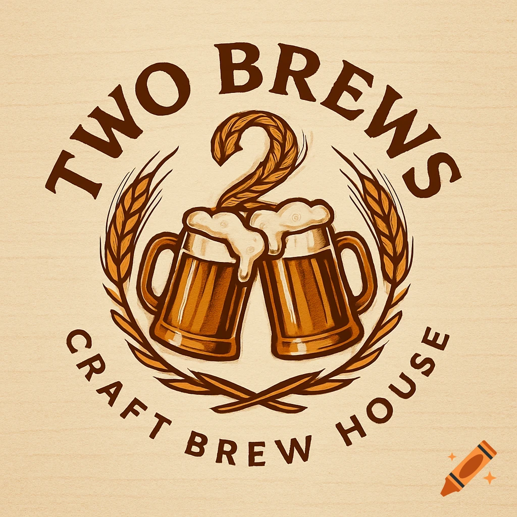 Logo for 'Two Brews Craft Brew House' with two clinking beer mugs, a stylized number 2, and wheat stalks on a light wooden background.