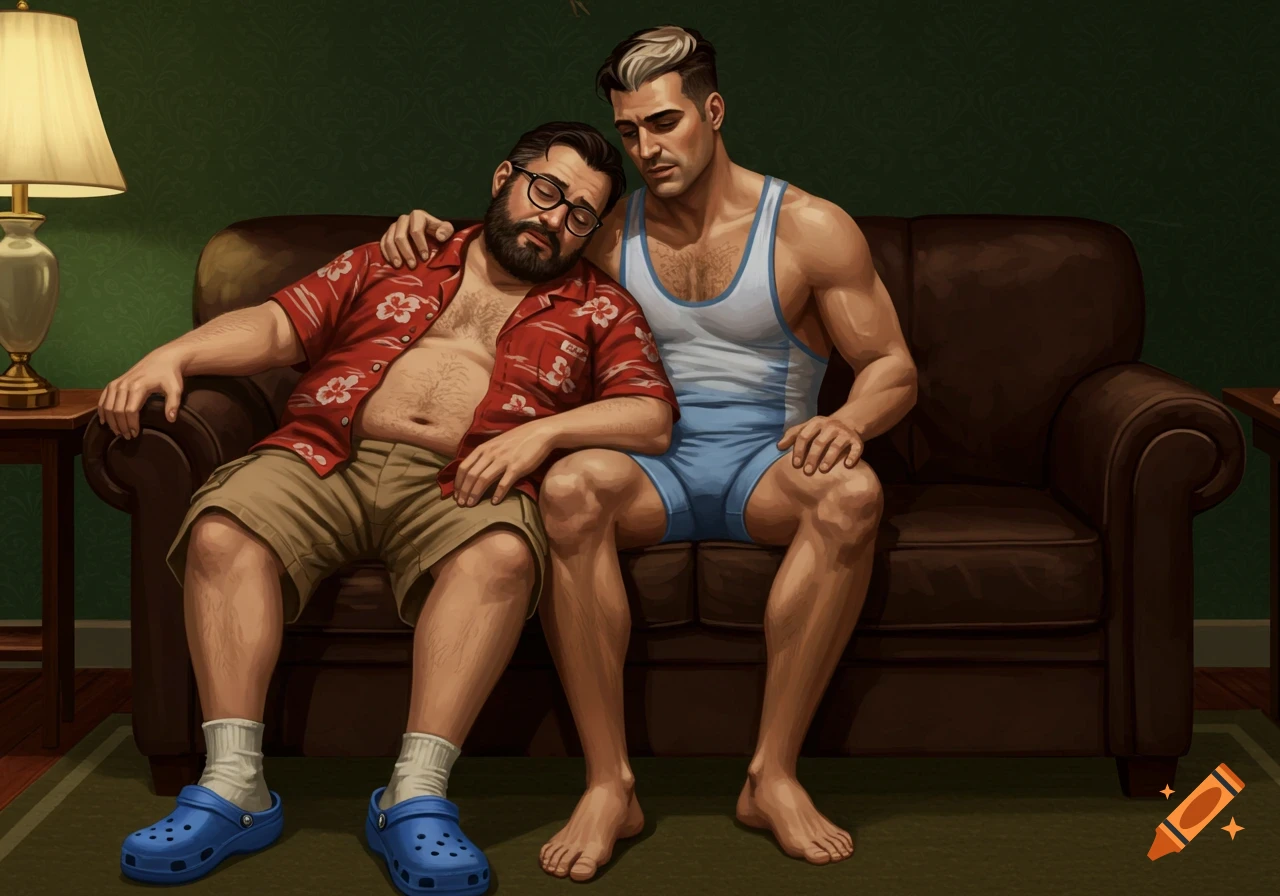 Digital painting of a bearded man in a Hawaiian shirt and Crocs sleeping on a couch, leaning on another man in a wrestling singlet, in a green room.