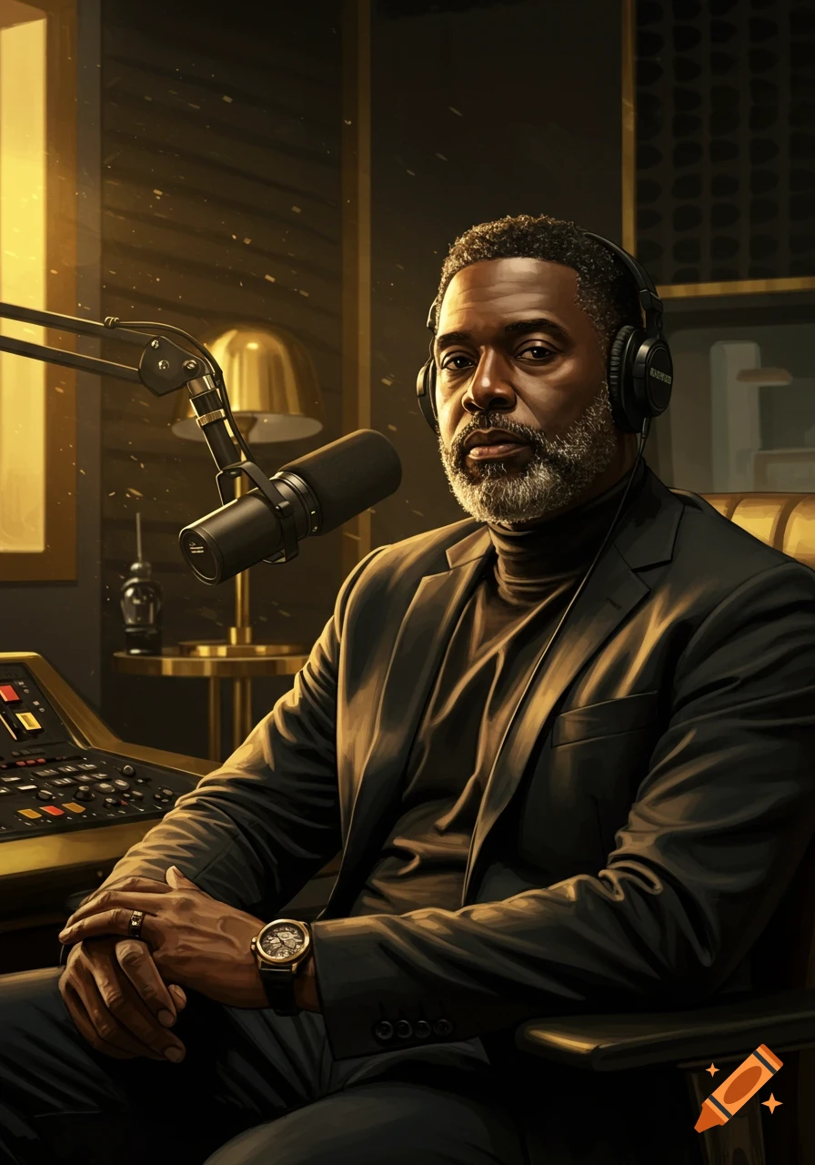 A man with a salt and pepper beard and headphones sits in a black and gold podcast studio, looking directly at the viewer.