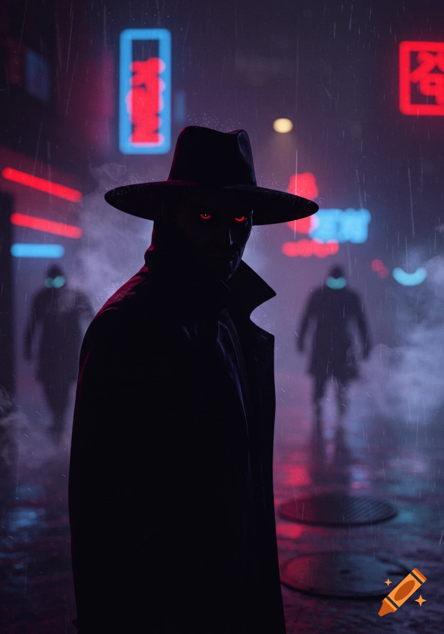 A silhouetted figure in a fedora and trench coat with glowing red eyes stands in a rainy, neon-lit cyberpunk city street.