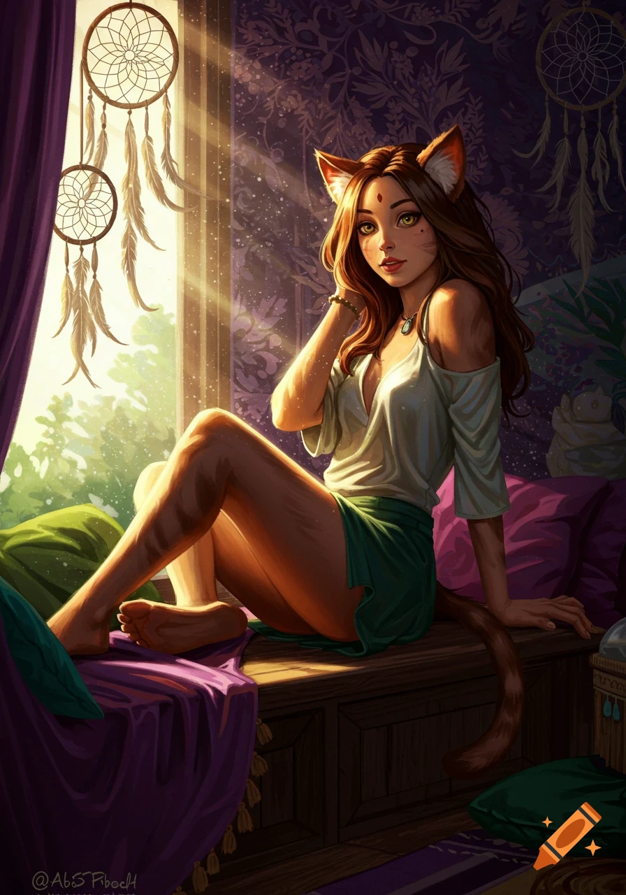 A catgirl with brown hair and green eyes sits on a sunlit window bench, wearing a white top and green skirt, with dreamcatchers nearby.