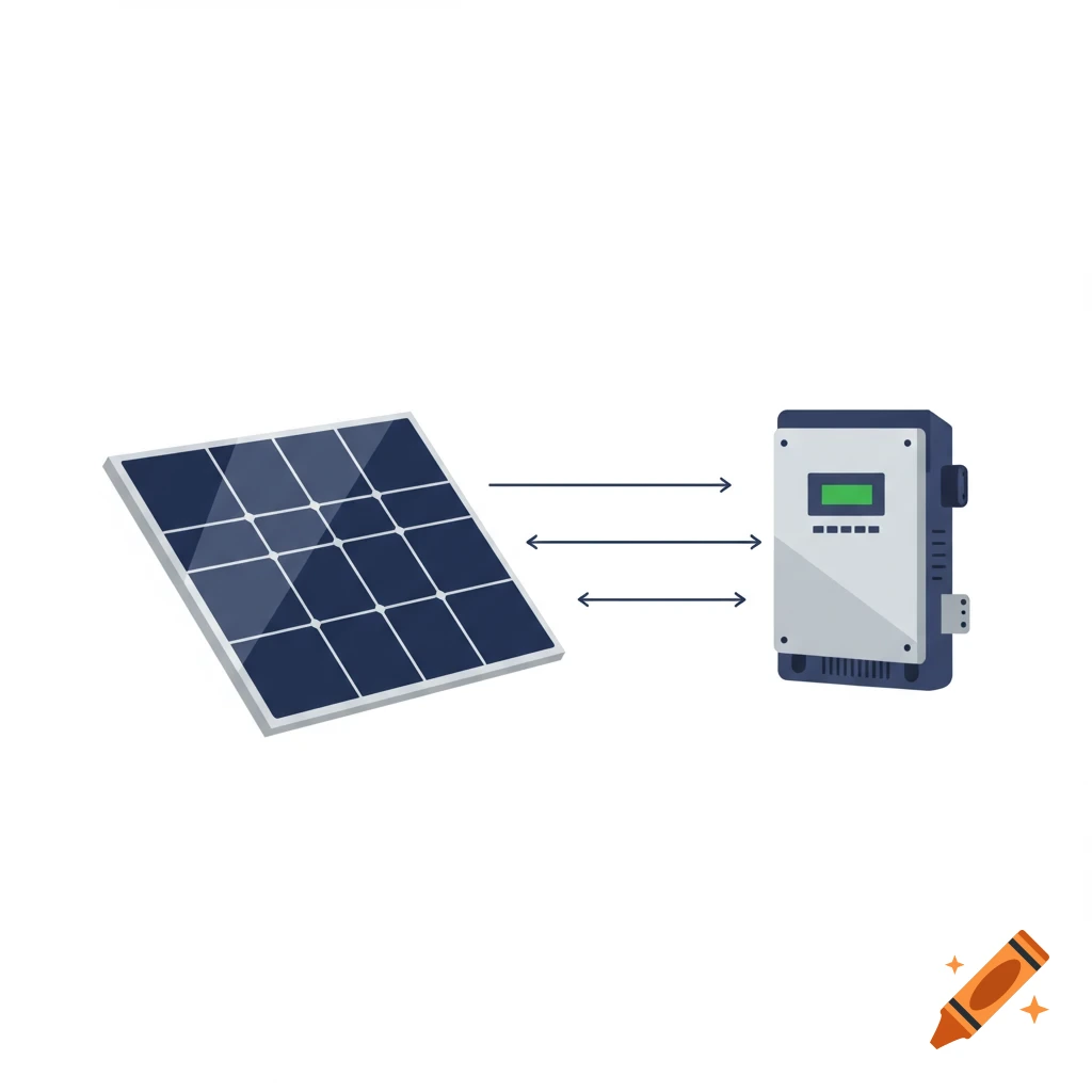 Illustration of a solar panel connected to an inverter by arrows, symbolizing energy flow.