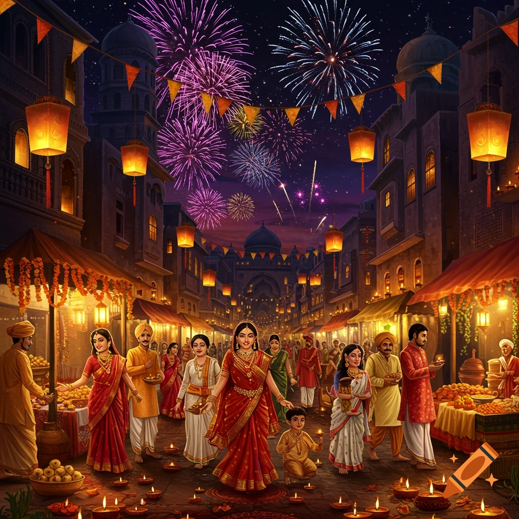 Vibrant illustration of Deepavali festival with people in traditional attire, fireworks, lanterns, and diyas illuminating a bustling street market at night.