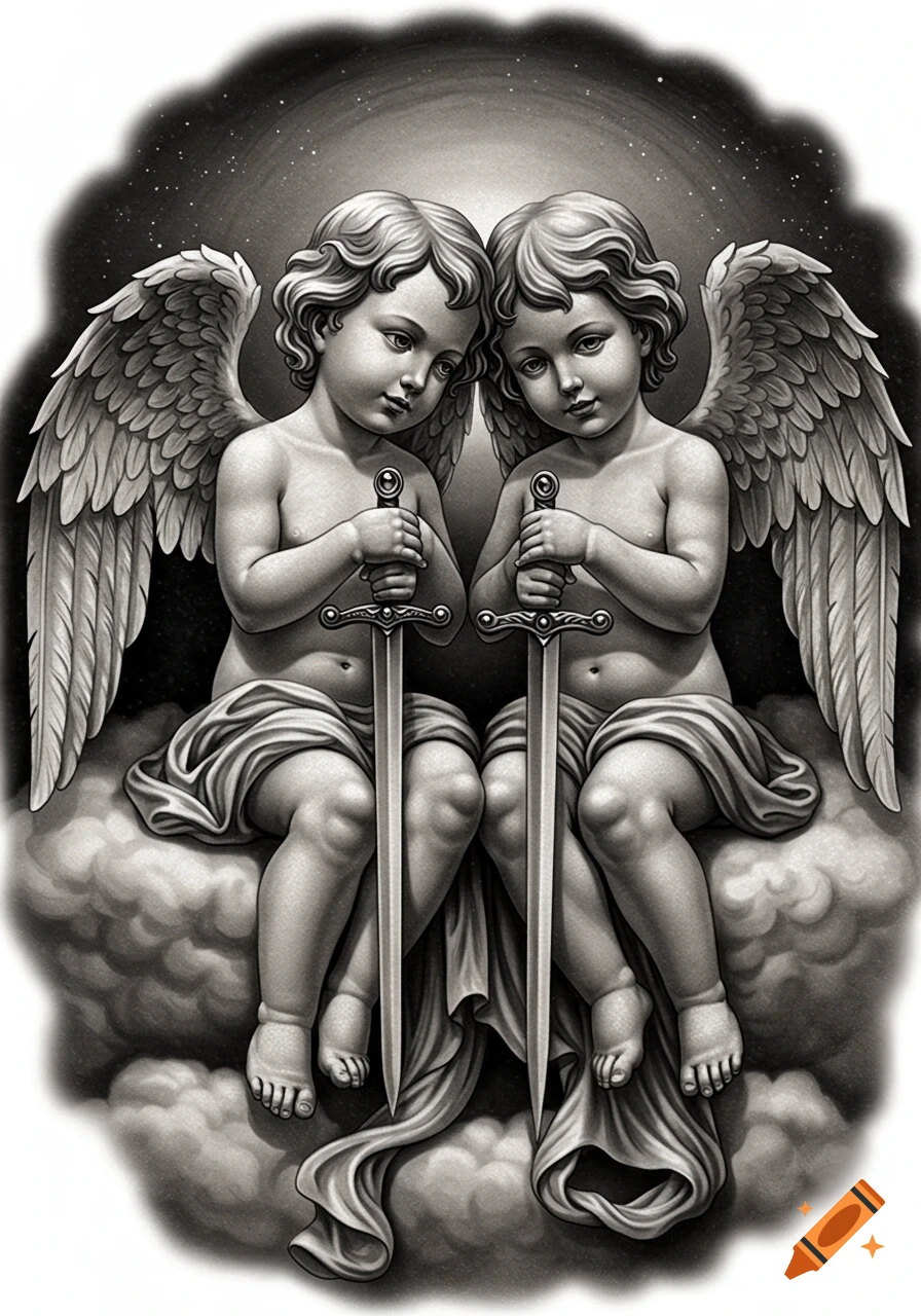Two black and white cherubic angels with wings, sitting on a cloud and holding swords, in a realistic tattoo style.