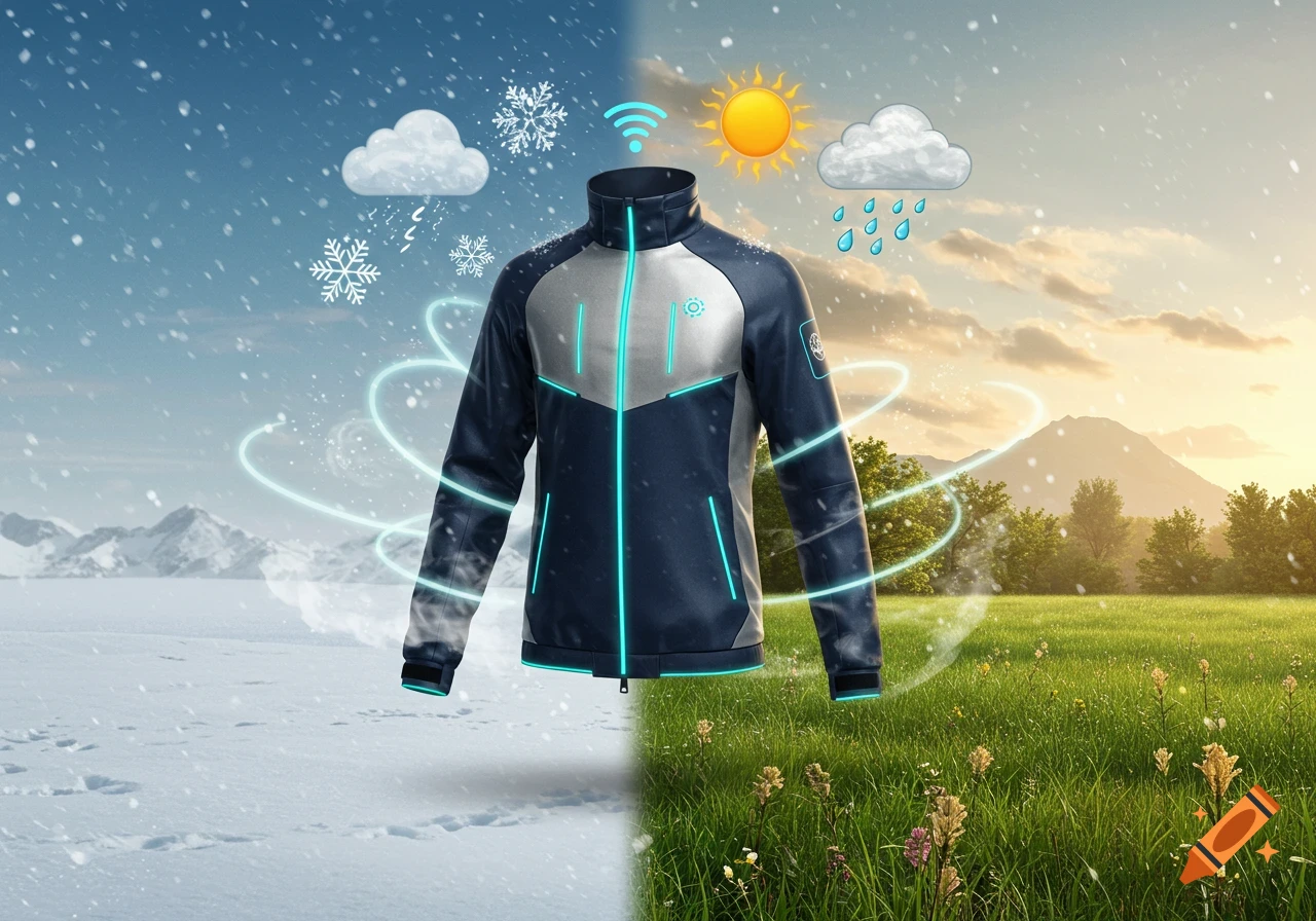 A futuristic jacket split between a snowy mountain and a sunny green field, symbolizing its ability to adapt to different weather conditions.