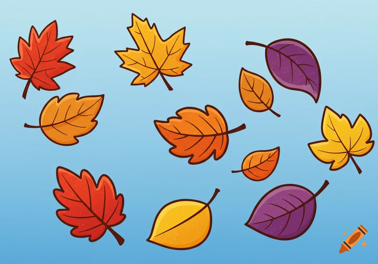 Clipart of various colorful fall leaves in shades of red, orange, yellow, and purple, floating on a light blue background.