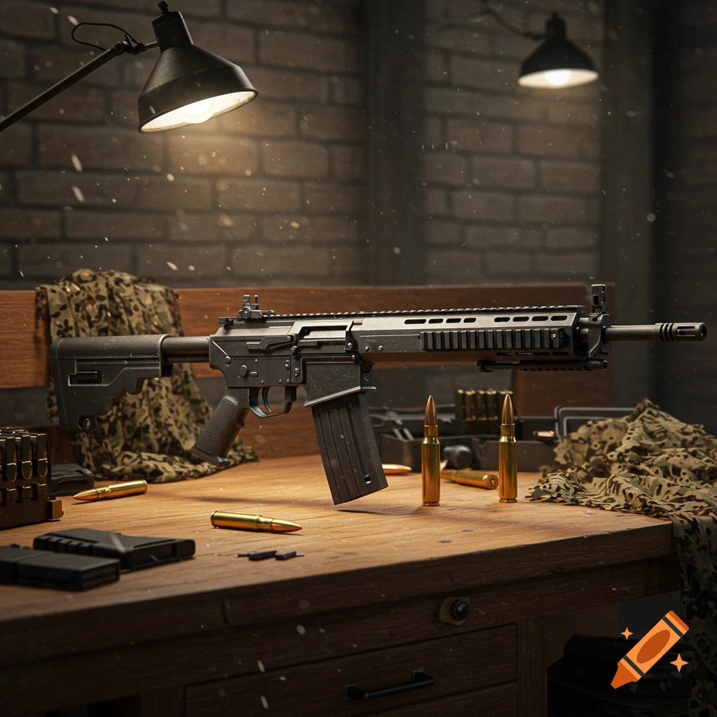 A detailed assault rifle and ammunition on a wooden workbench, illuminated by warm overhead lights, against a brick wall.