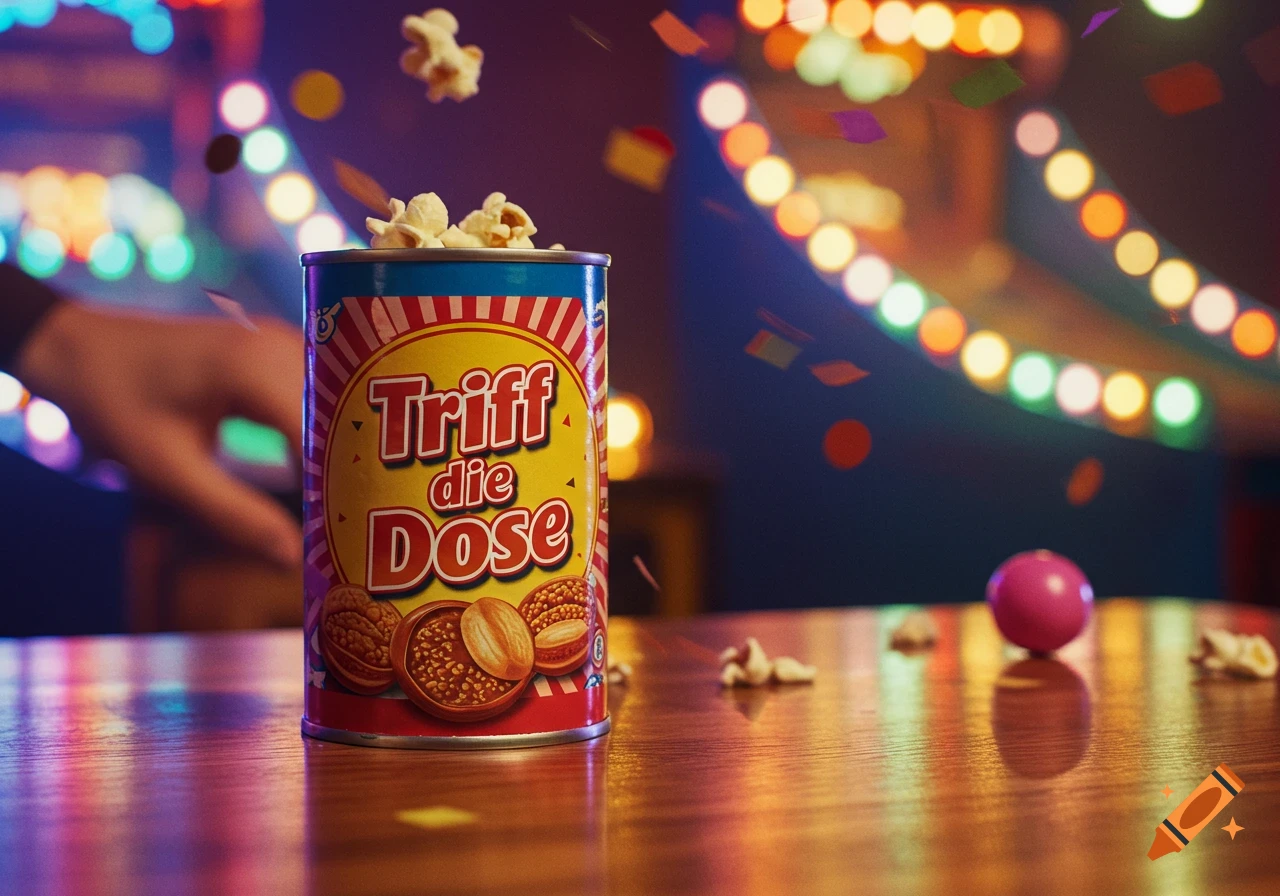 A can of popcorn labeled 'Triff die Dose' on a wooden table with falling popcorn, confetti, and a pink ball, against blurry carnival lights.