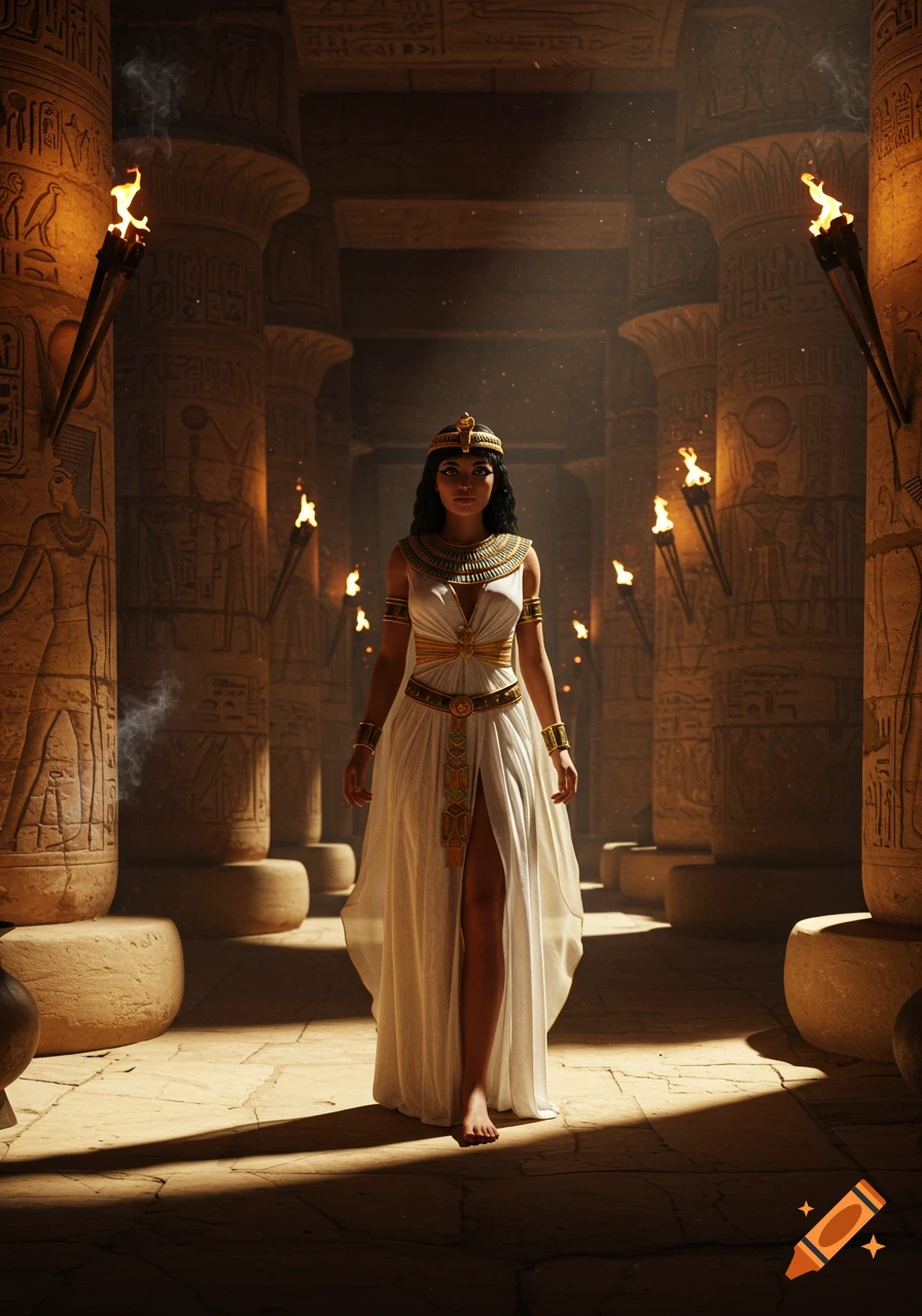 Photorealistic Egyptian priestess in a white gown standing in a torch-lit ancient temple with hieroglyph-carved columns.